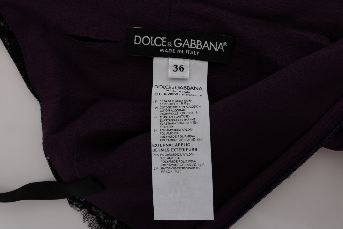 Dolce &amp; Gabbana лилава копринена еластична черна дантелена рокля