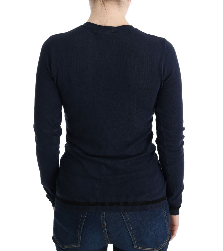 Национален син пуловер от вискоза с V-образно деколте