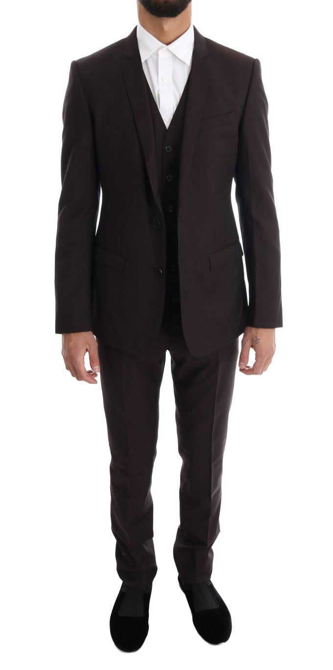 Dolce & Gabbana Elegant Brown Striped Three-Piece Wool Suit