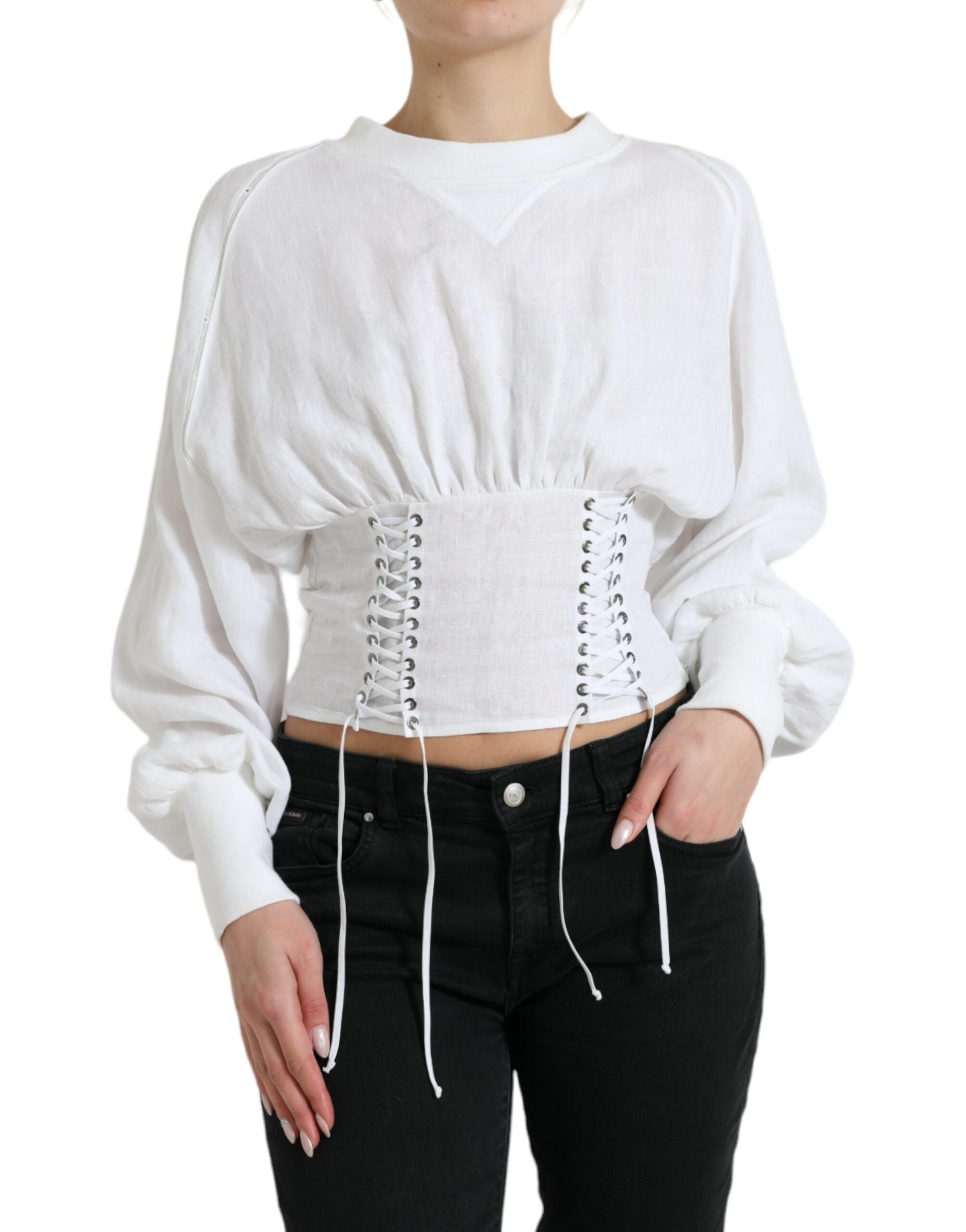 Dolce & Gabbana Elegant White Lace-Up Corset Cropped Top