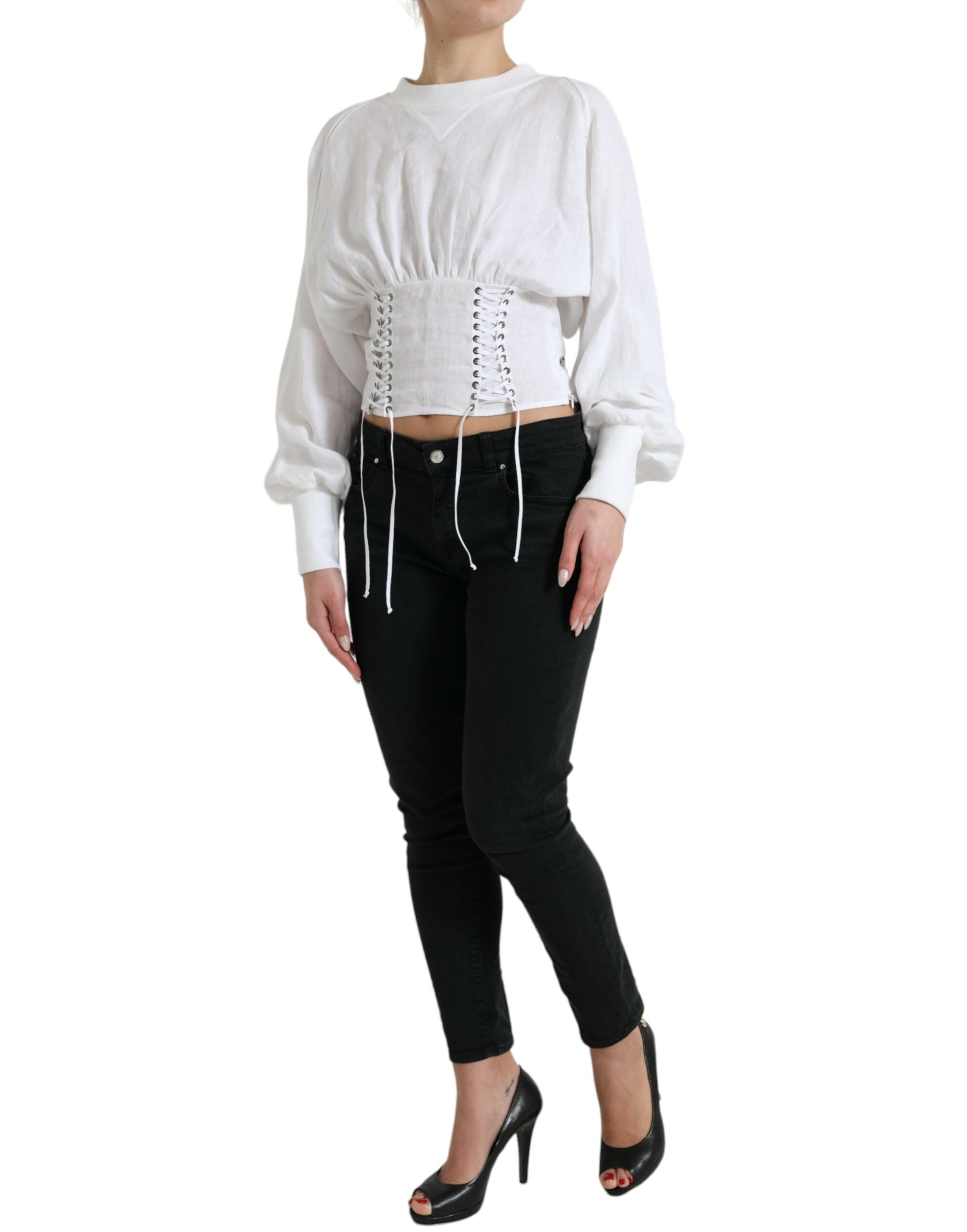 Dolce & Gabbana Elegant White Lace-Up Corset Cropped Top