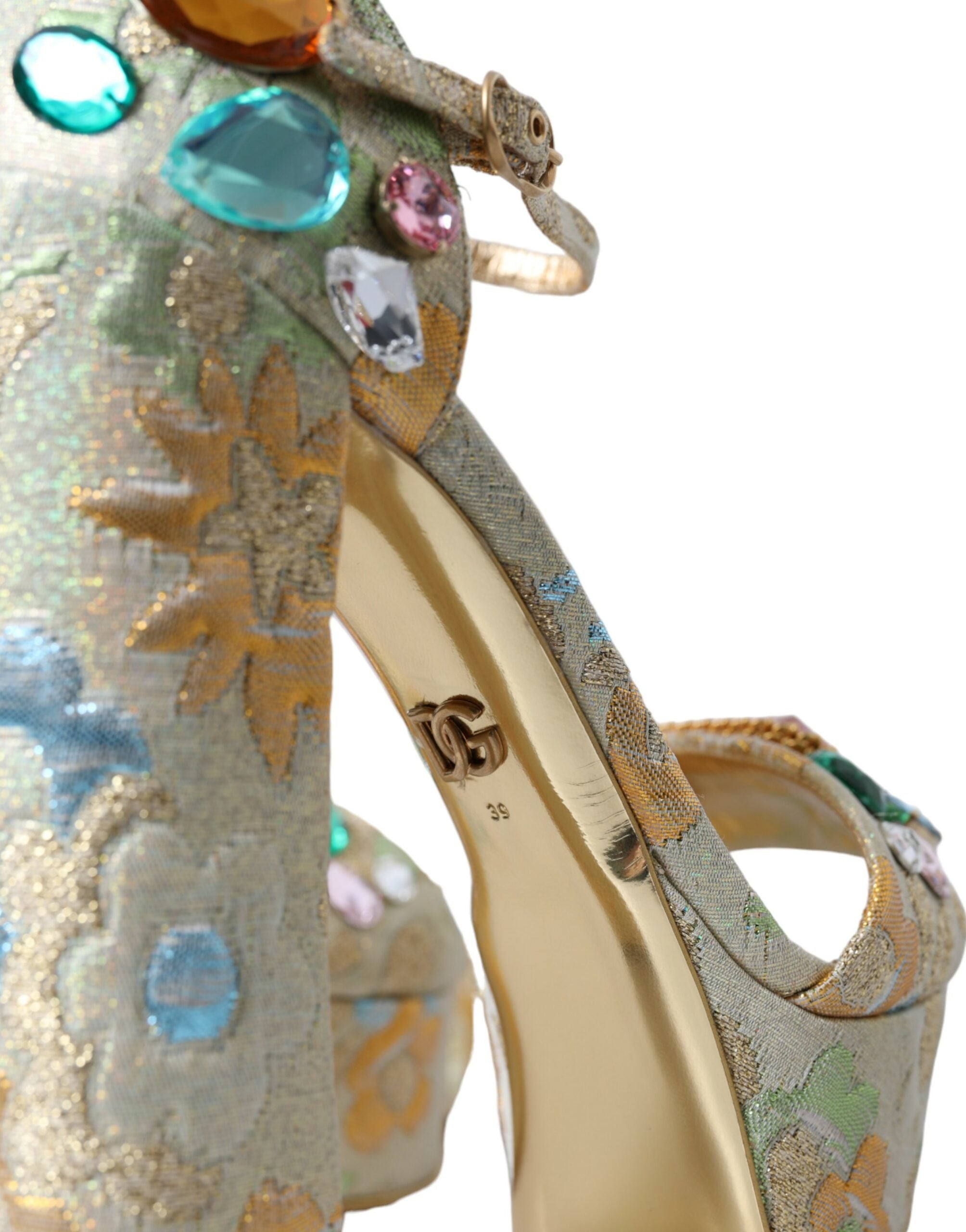 Dolce & Gabbana Gold Floral Jacquard Crystal Sandals Shoes