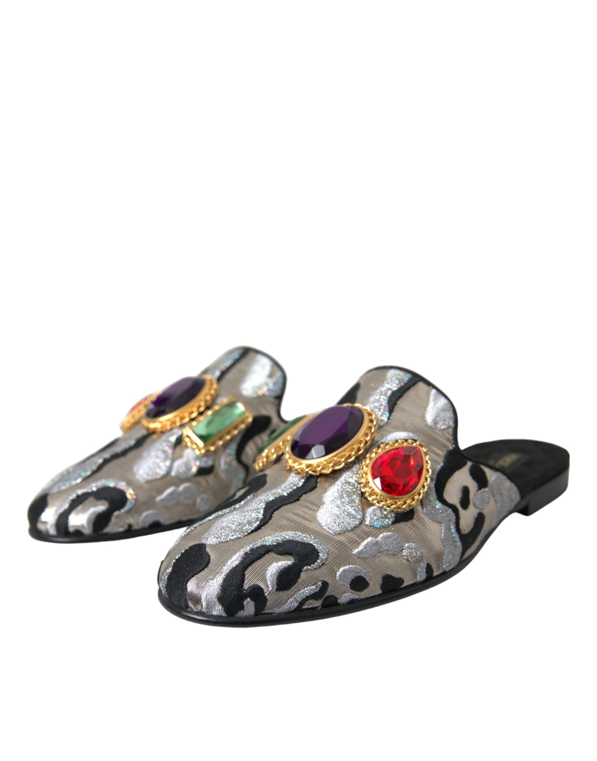 Dolce & Gabbana Gray Jacquard Crystal Mule Flat Sandals Shoes