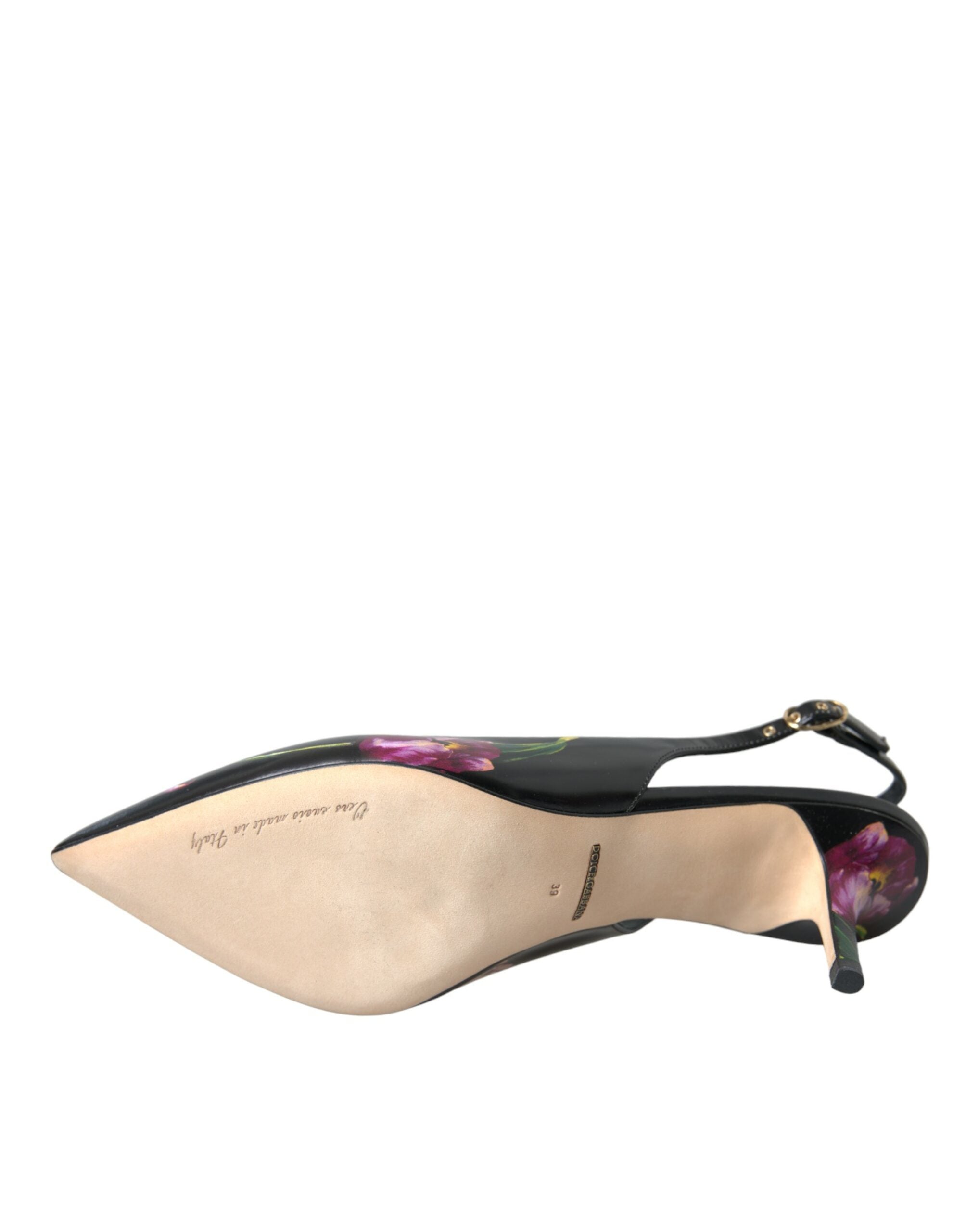 Dolce & Gabbana Black Floral Leather Heels Slingback Shoes