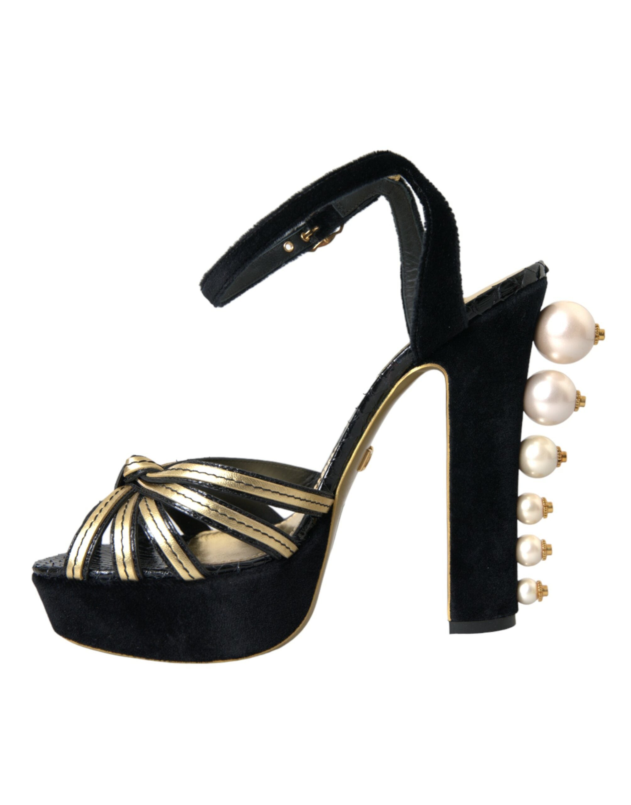 Dolce & Gabbana Black Gold Embellished Heels Sandals Shoes