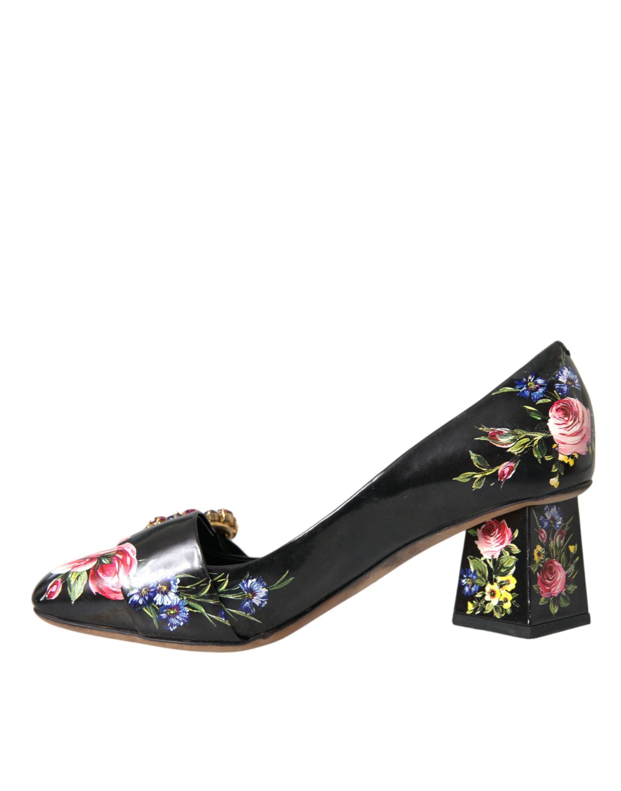 Dolce & Gabbana Black Floral Crystals Leather Pumps Shoes