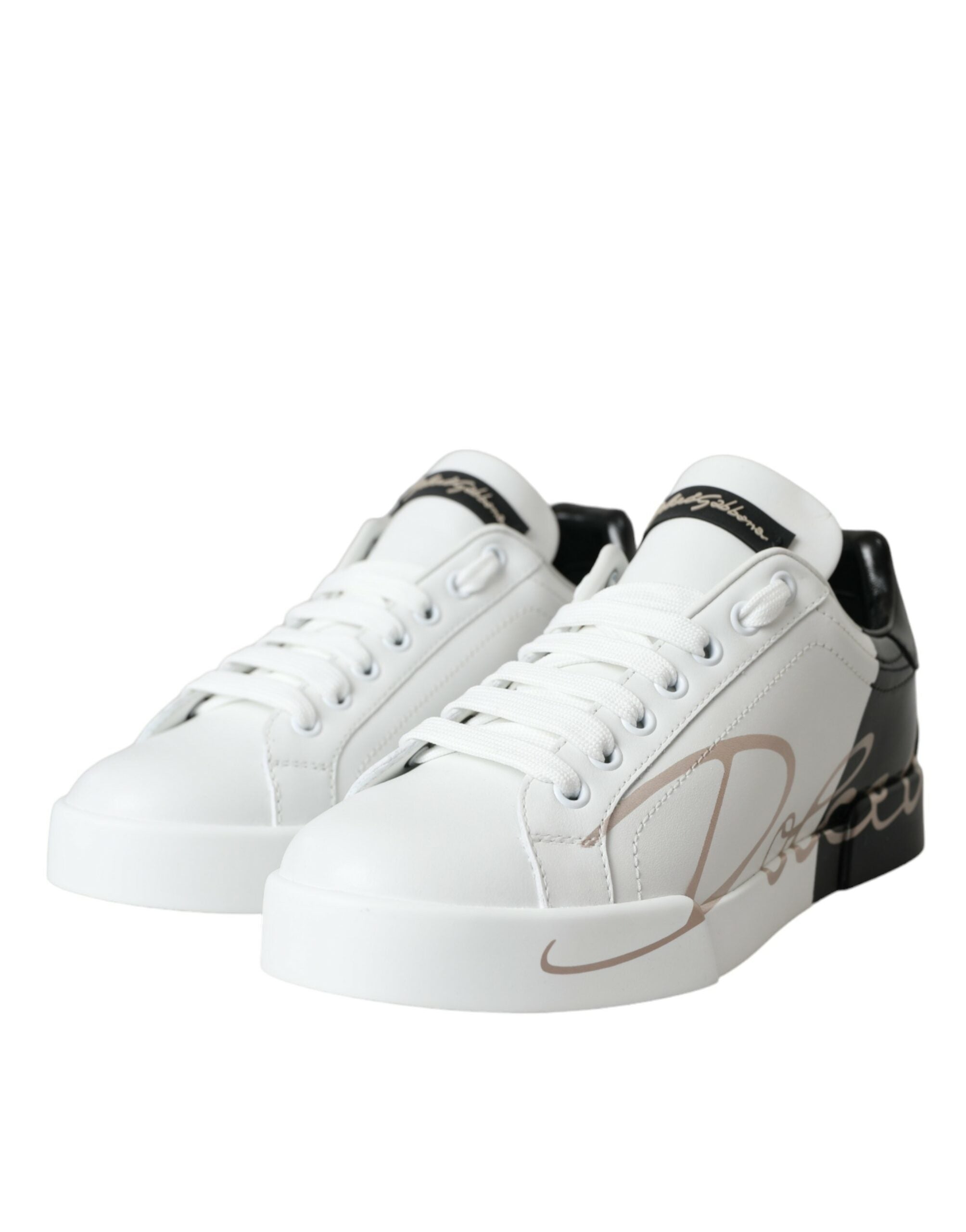 Dolce & Gabbana White Black Portofino Low Top Leather Sneakers Shoes