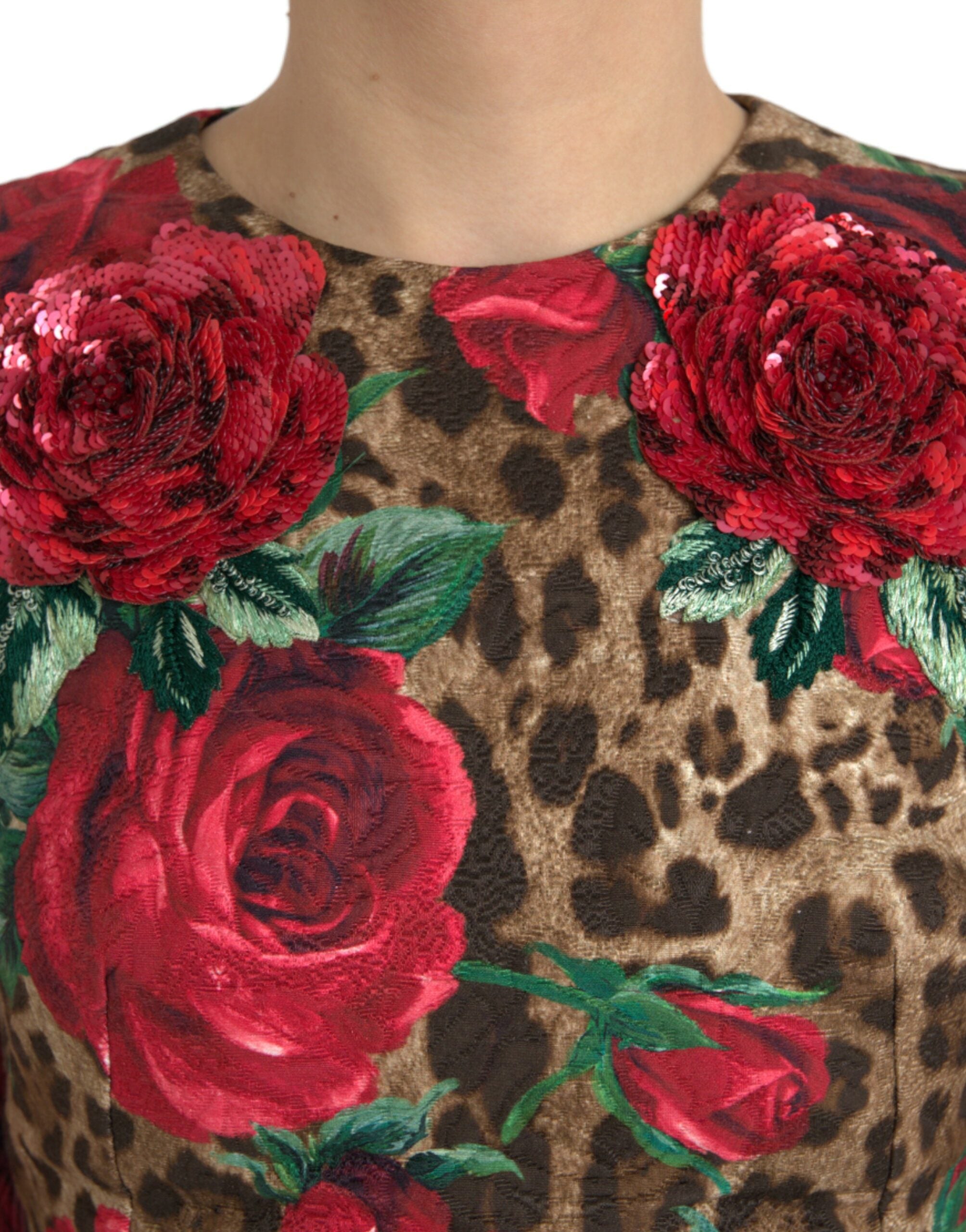 Dolce & Gabbana Brown Leopard Red Roses Cotton A-line Dress