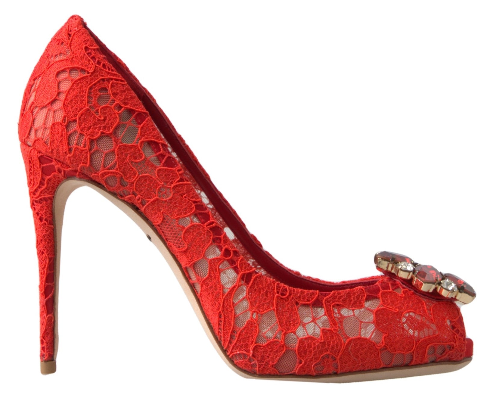 Dolce &amp; Gabbana Red Taormina Lace Crystal Heels Pumps обувки