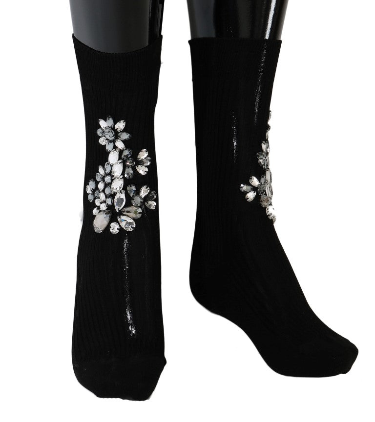 Черни плетени флорални прозрачни кристални чорапи Dolce &amp; Gabbana