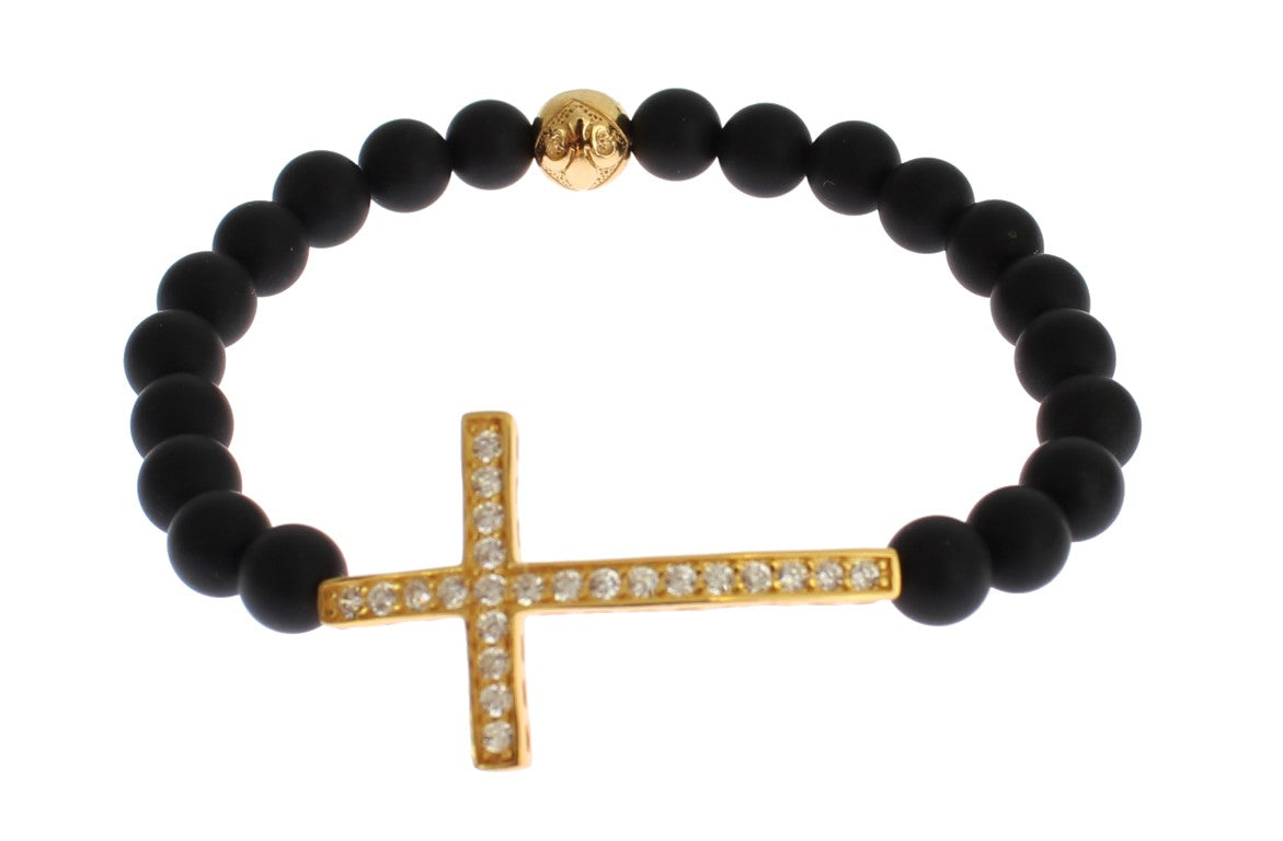 Сребърна гривна Nialaya Matte Onyx Stone CZ Cross 925