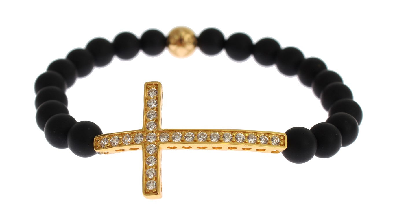 Сребърна гривна Nialaya Matte Onyx Stone CZ Cross 925