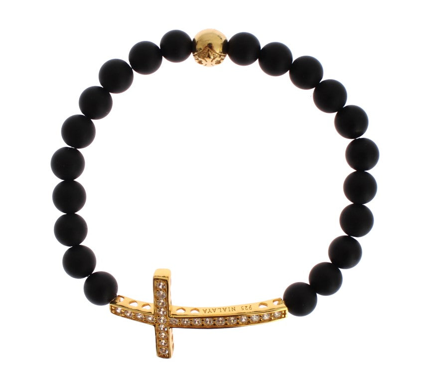 Сребърна гривна Nialaya Matte Onyx Stone CZ Cross 925