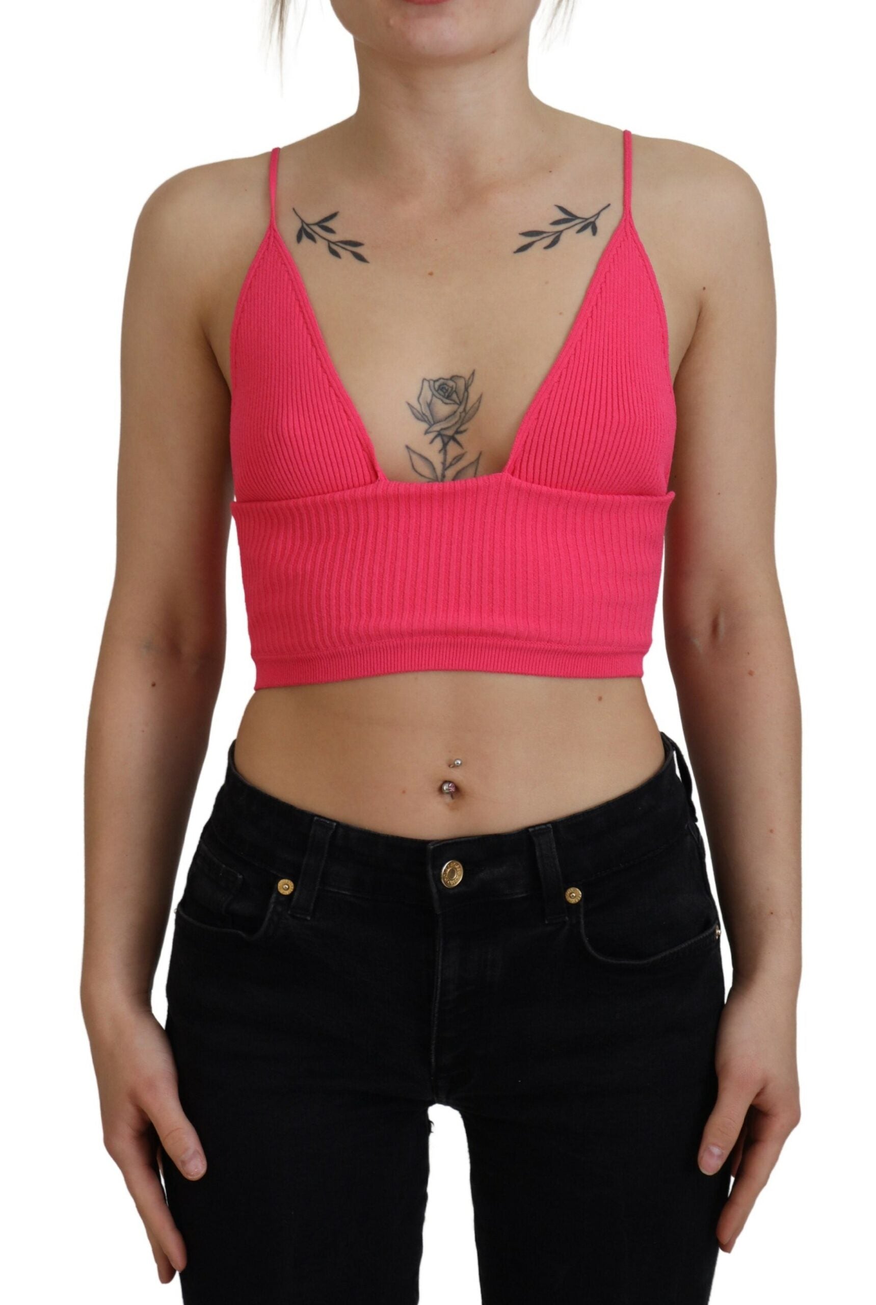 Dsquared² Pink Ribbed Knit Bra Cropped Spaghetti Strap Top