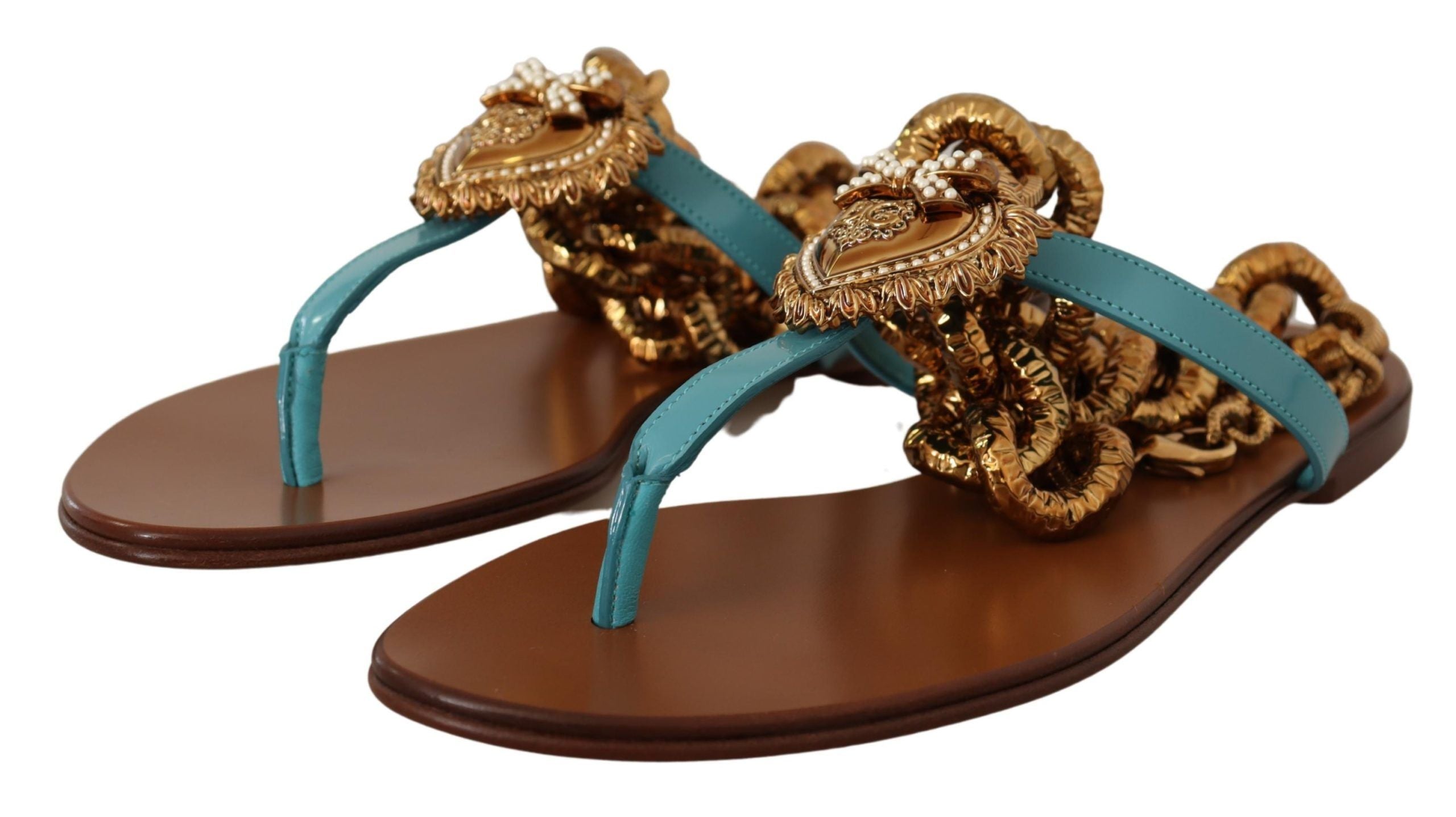 Dolce &amp; Gabbana Blue Leather Devotion Flats Sandals