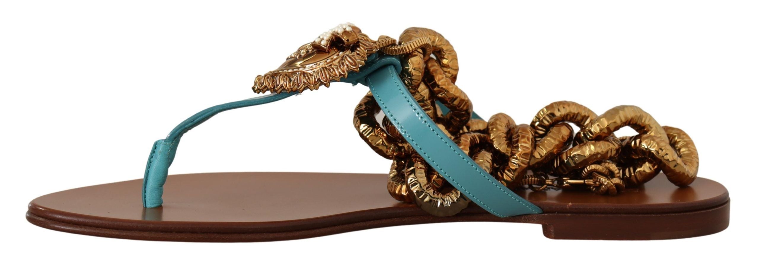 Dolce &amp; Gabbana Blue Leather Devotion Flats Sandals