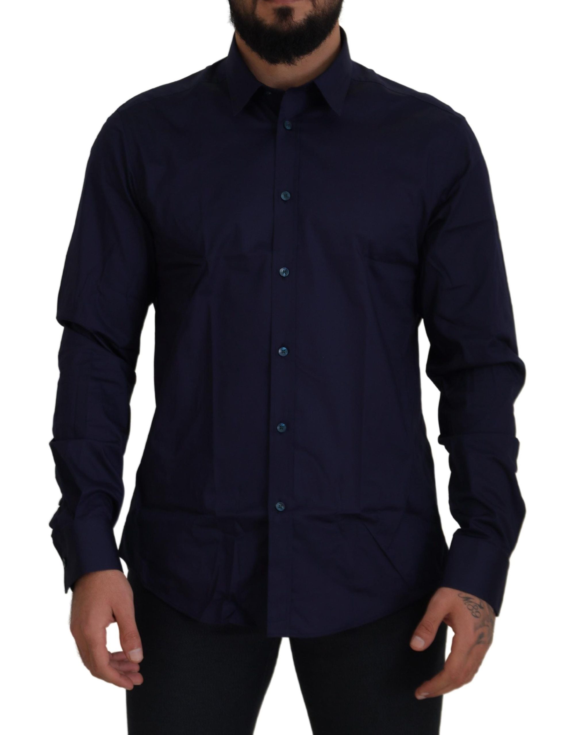 Versace Collection Elegant Dark Blue Cotton Blend Dress Shirt