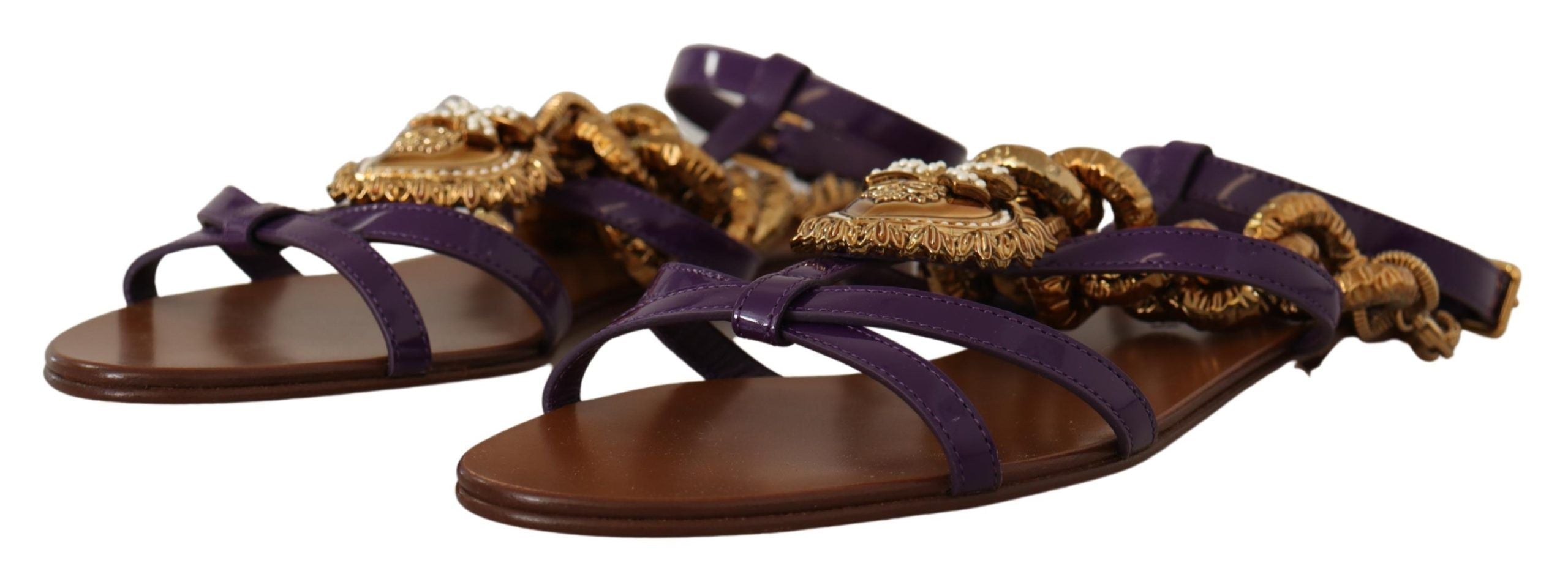 Dolce &amp; Gabbana Purple Leather Devotion Flats Sandals Shoes