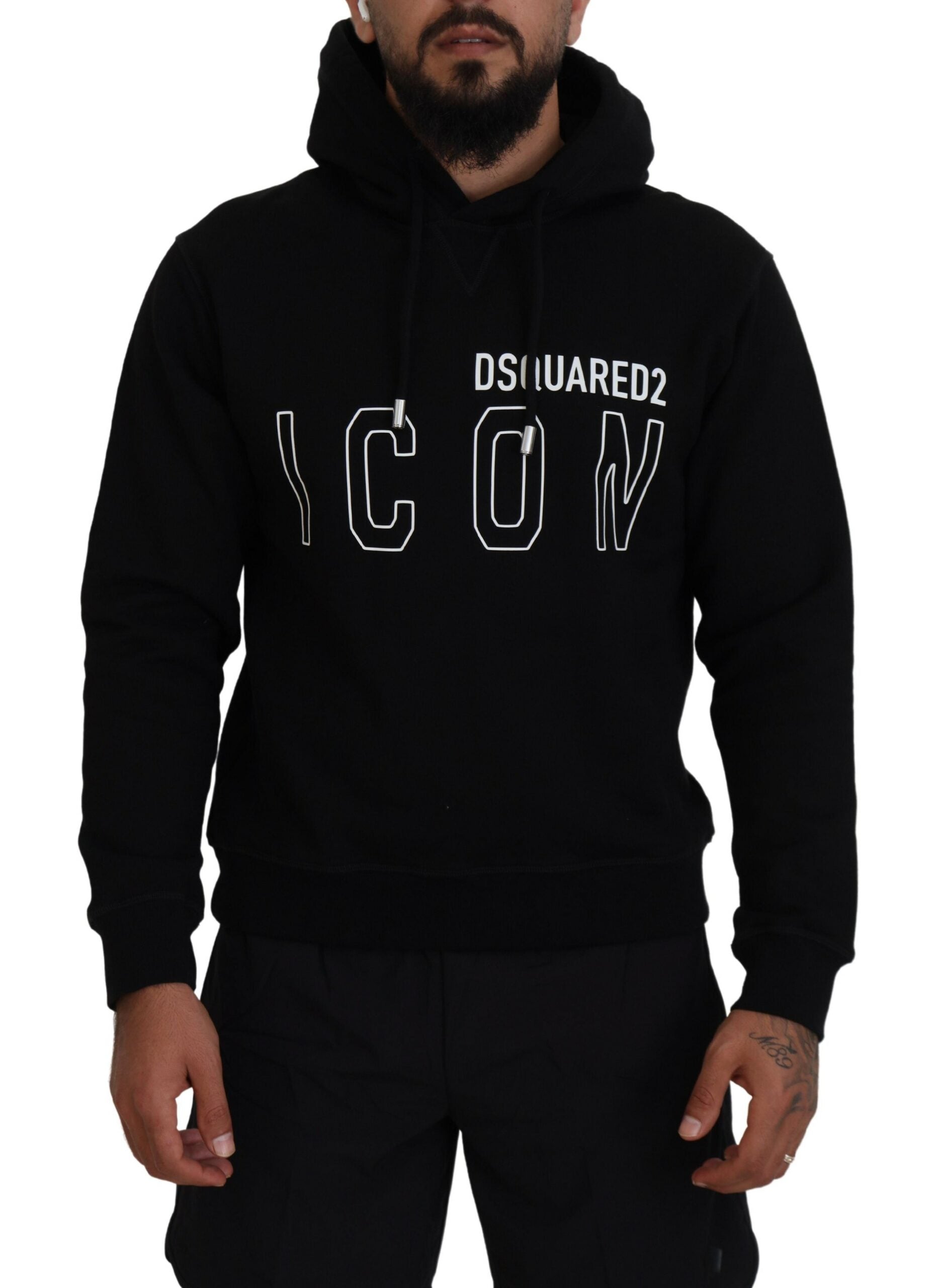 Dsquared² Black Cotton Hooded Printed Men Pullover Sweater