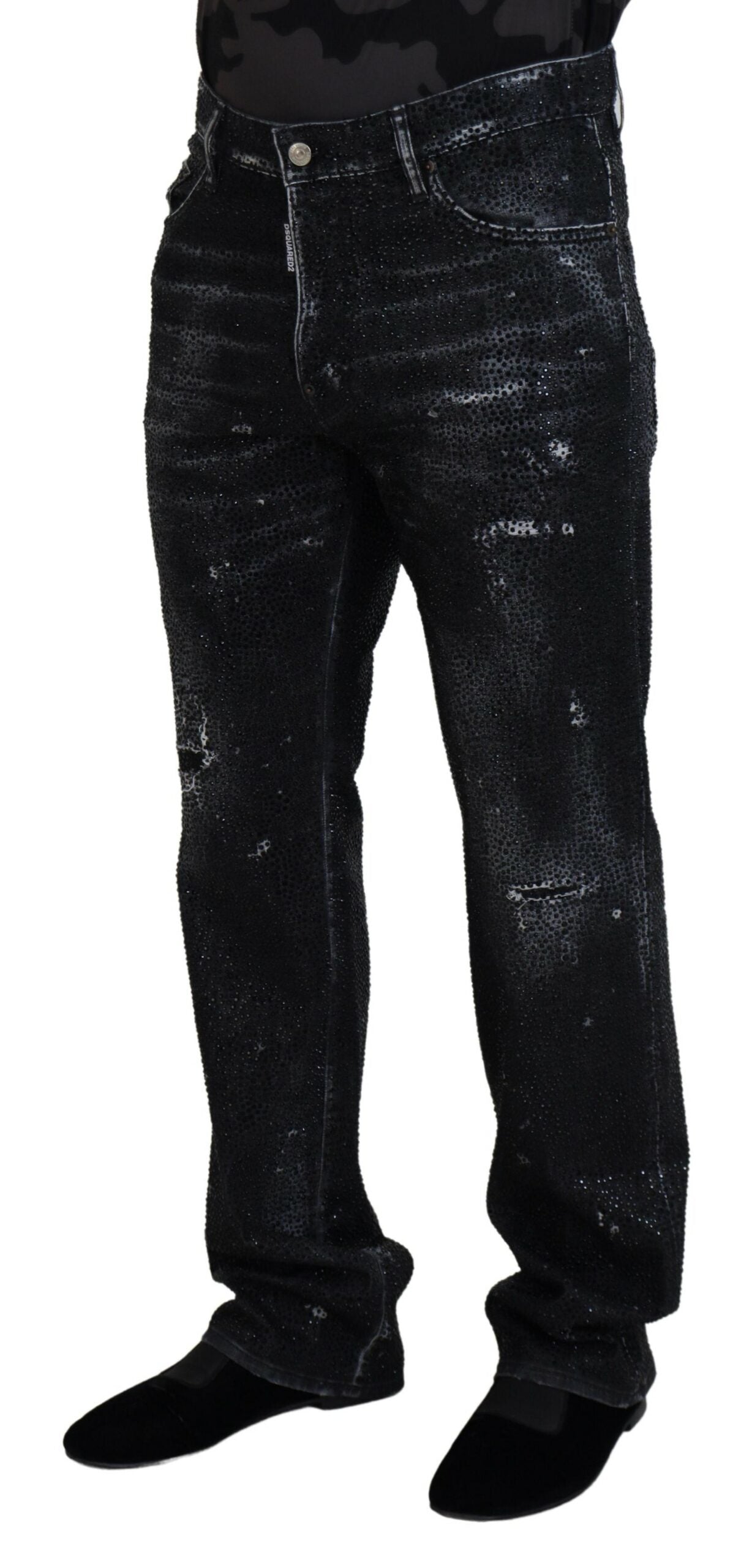Dsquared² Black Crystal Embellished Tattered Denim Jeans