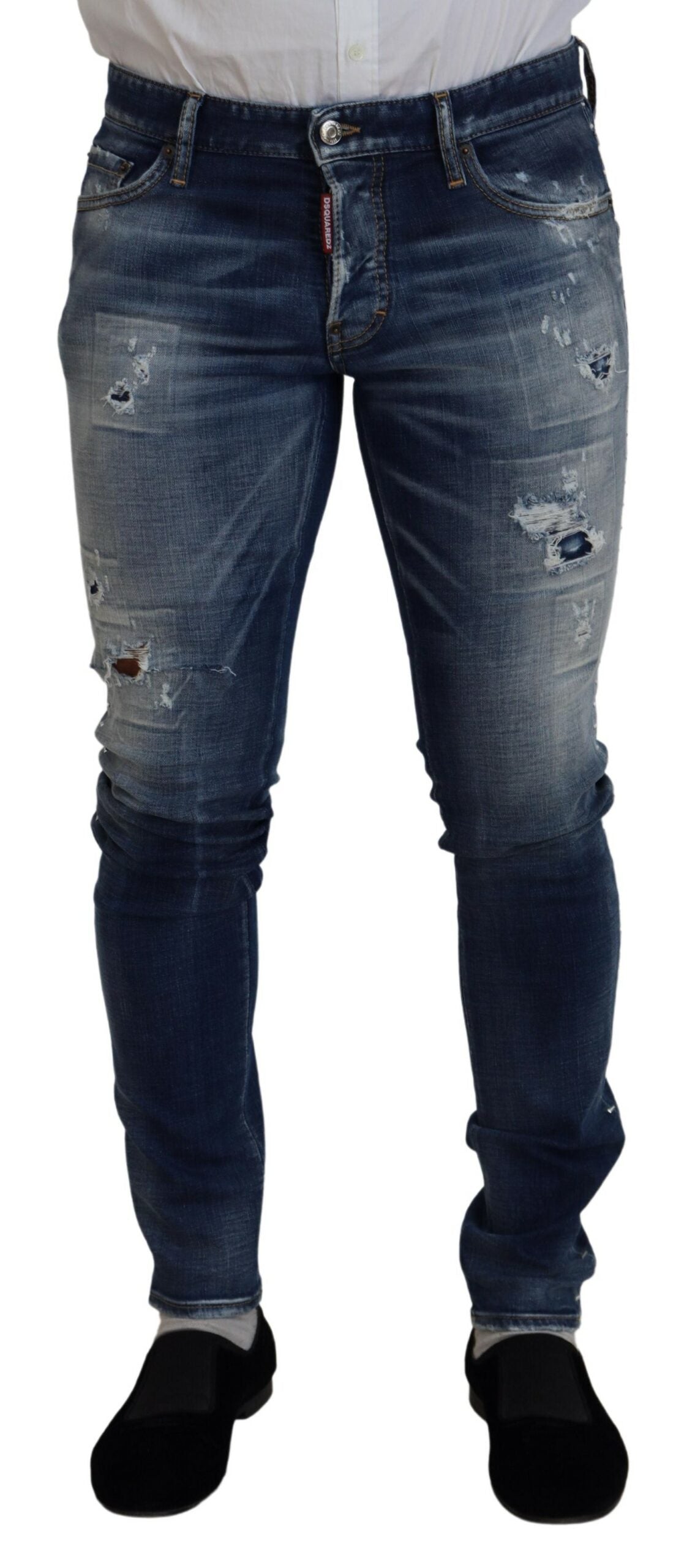 Dsquared² Blue Washed Cotton Tattered Skinny Denim Jeans