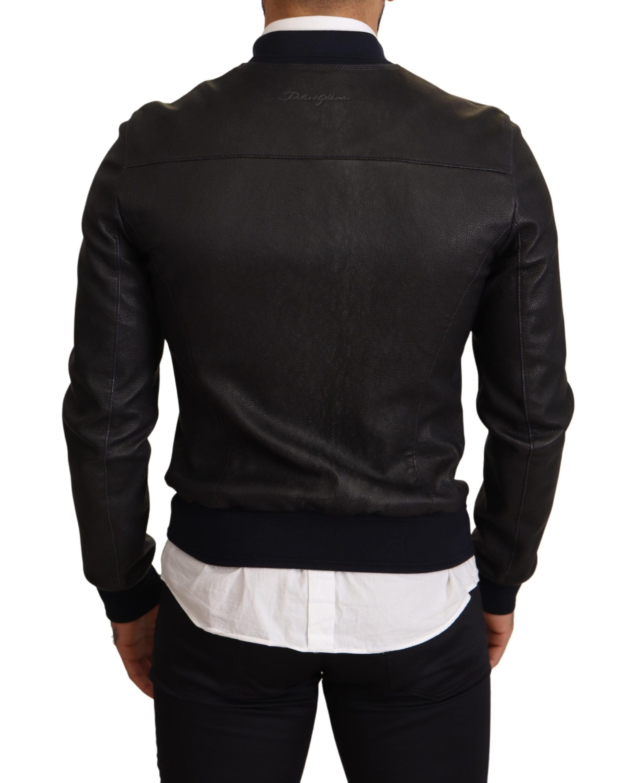 Dolce & Gabbana Elegant Leather Bomber Jacket in Dark Blue