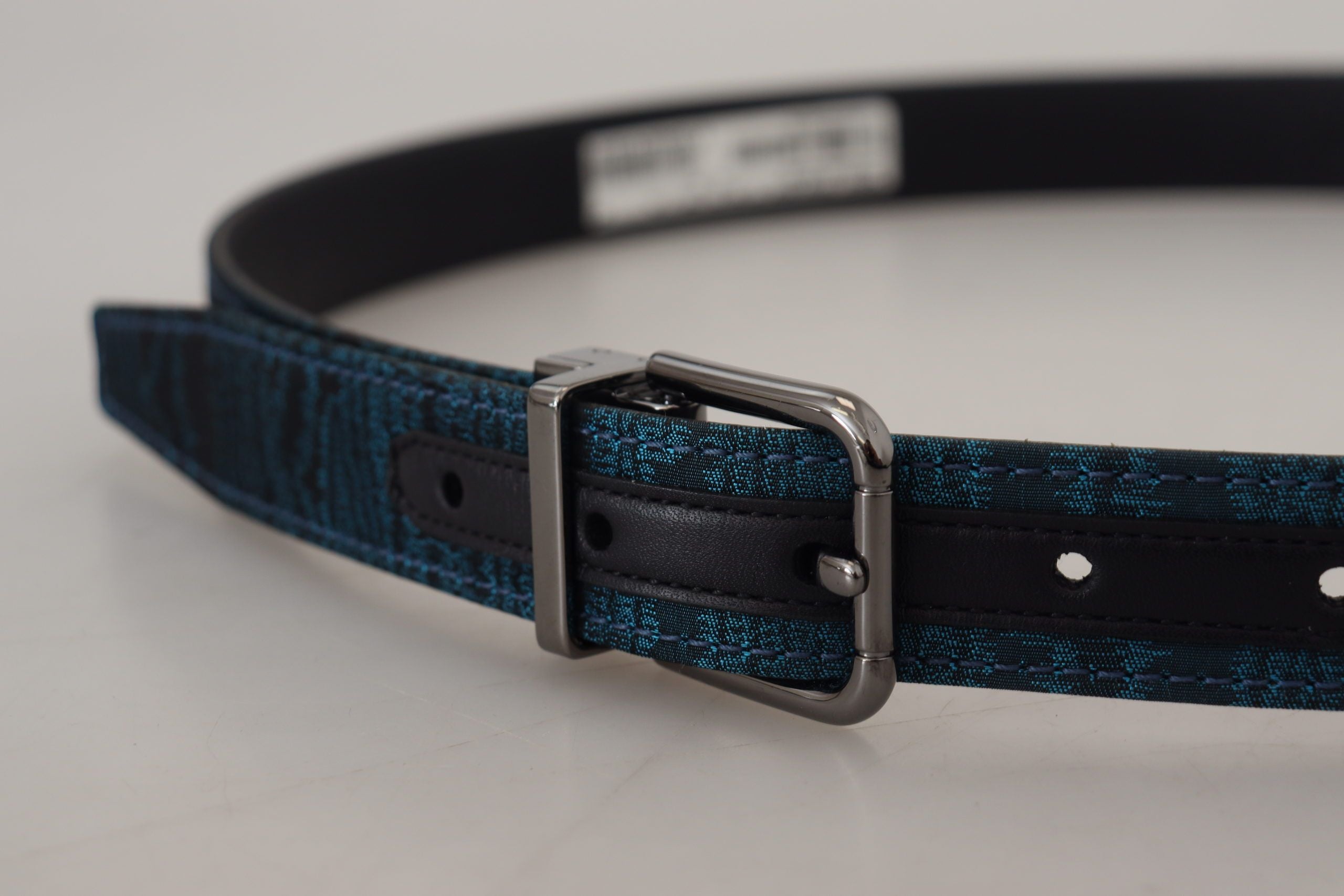 Dolce &amp; Gabbana Blue Jacquard Moire Silver Metal Belt Men