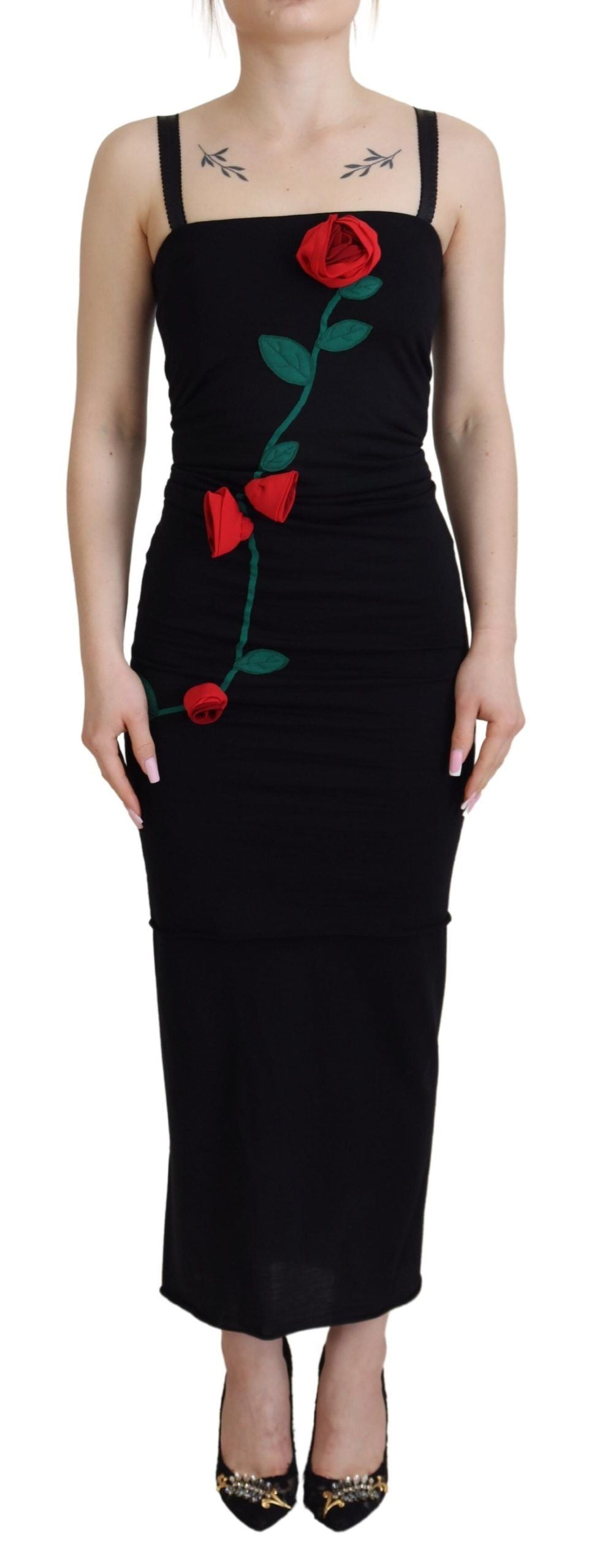 Dolce &amp; Gabbana черна обвивка Bodycon Stretch Roses рокля