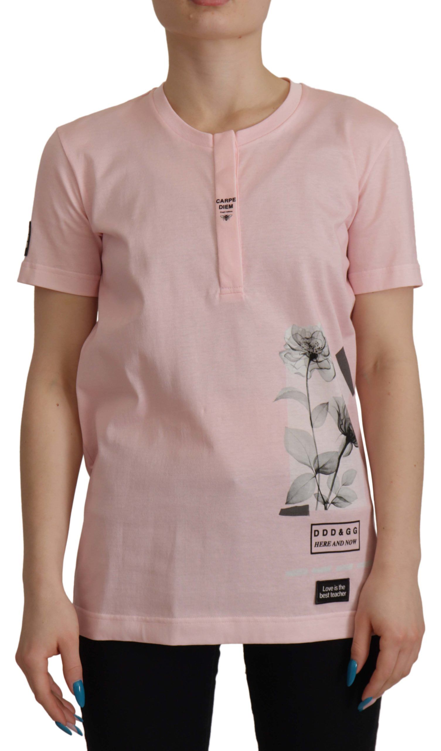 Dolce & Gabbana Floral Henley Cotton Tee in Pink