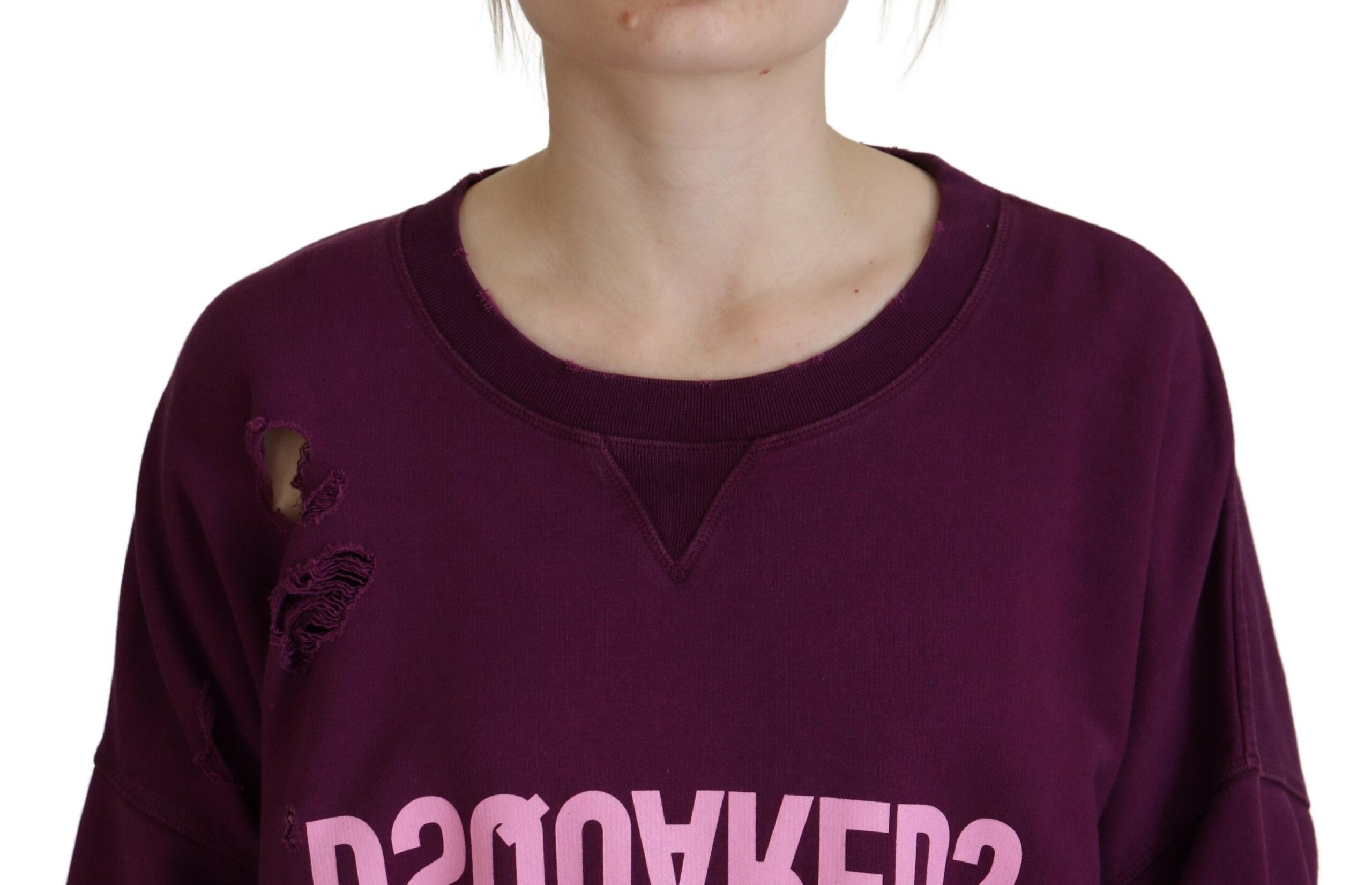 Dsquared² Purple Cotton Distressed Printed Long Sleeve Sweater