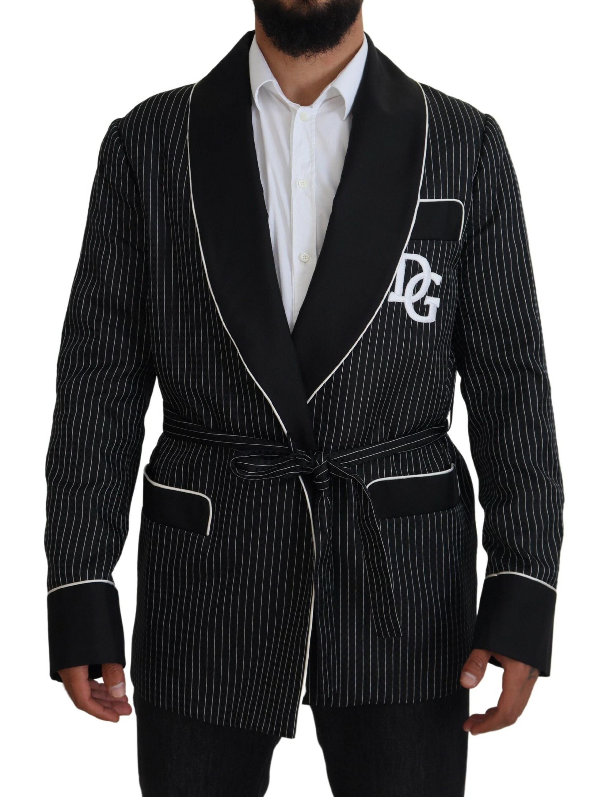Dolce &amp; Gabbana Black Robe Striped DG Patch Jacket Men Blazer