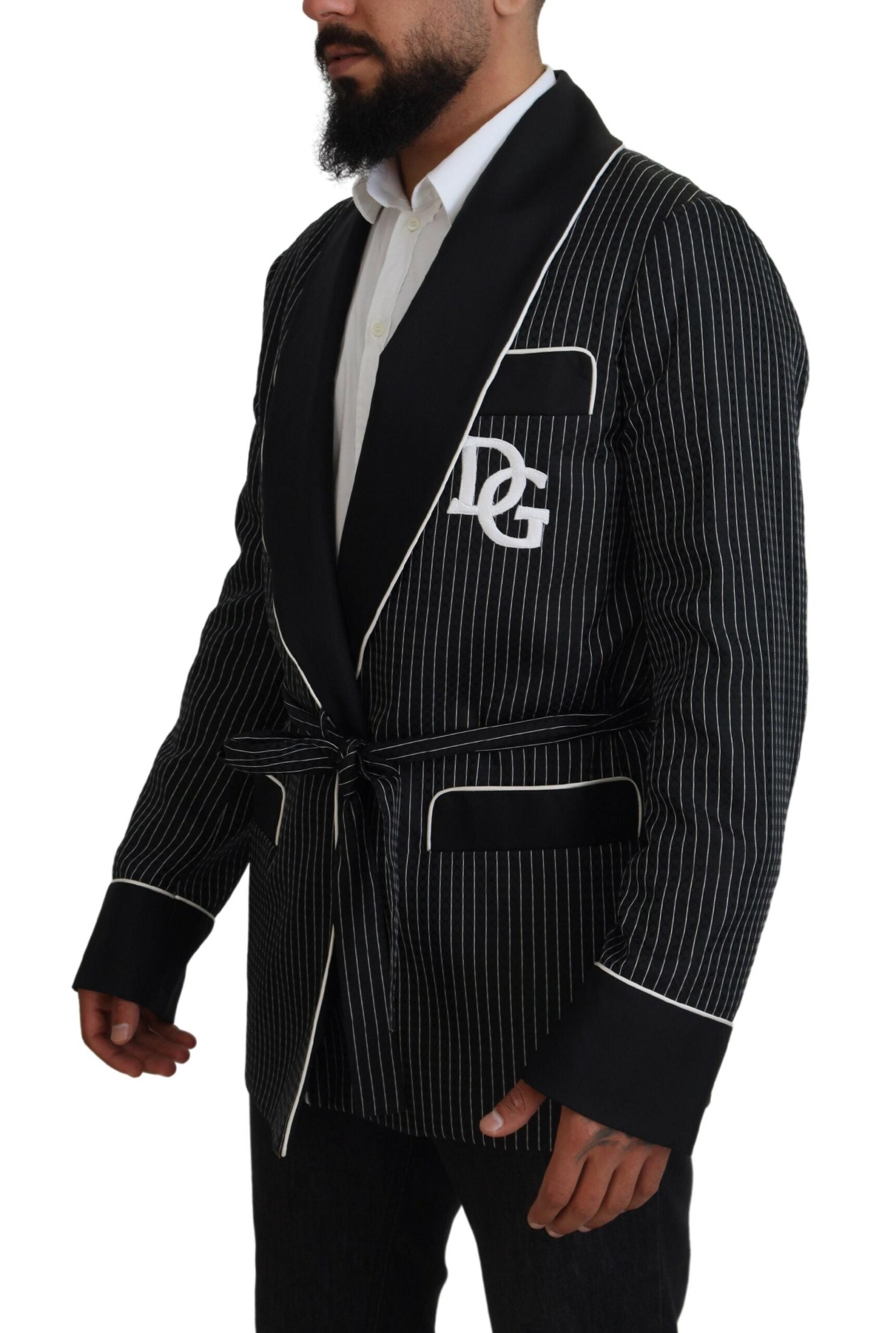 Dolce &amp; Gabbana Black Robe Striped DG Patch Jacket Men Blazer