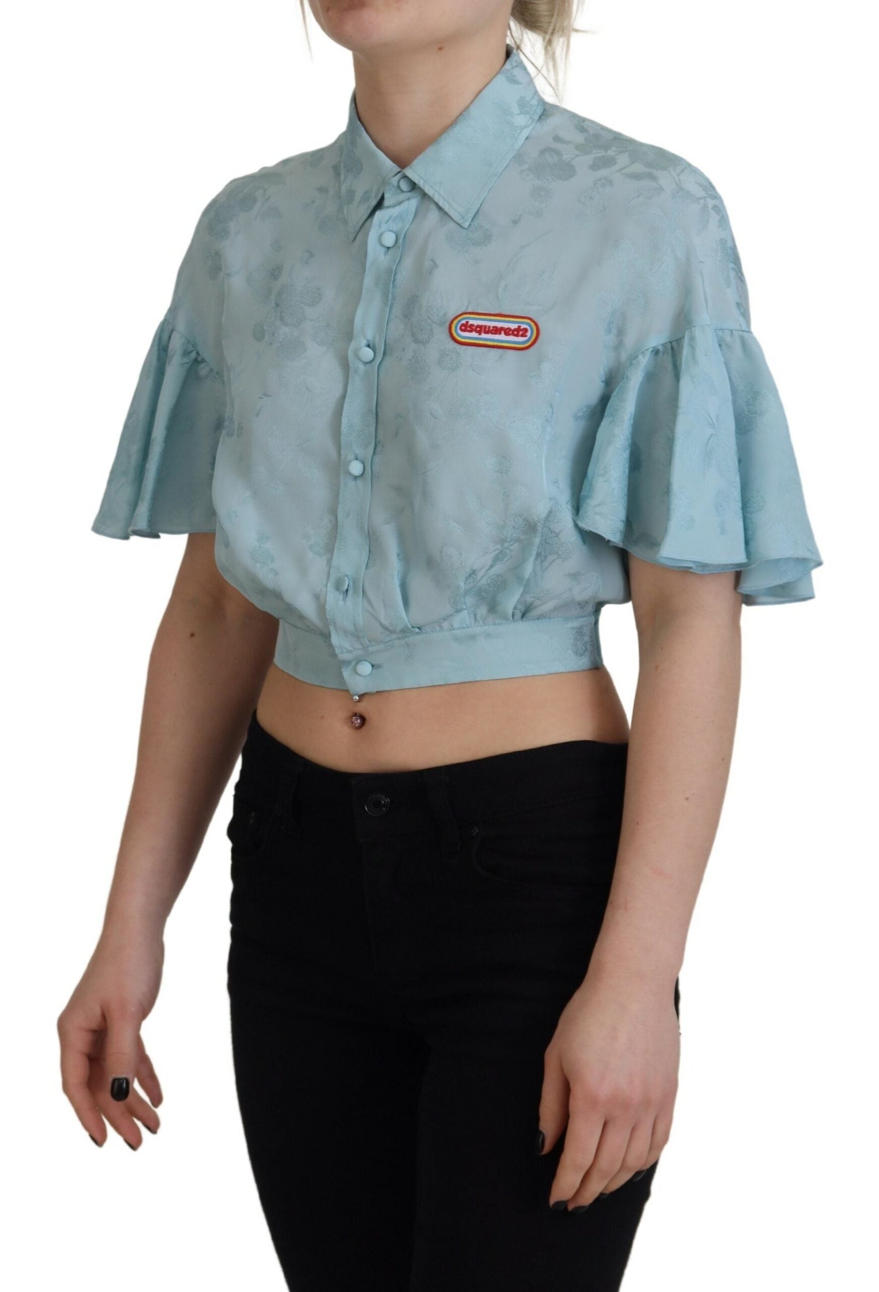 Dsquared² Blue Collared Button Down Short Sleeve Cropped Top