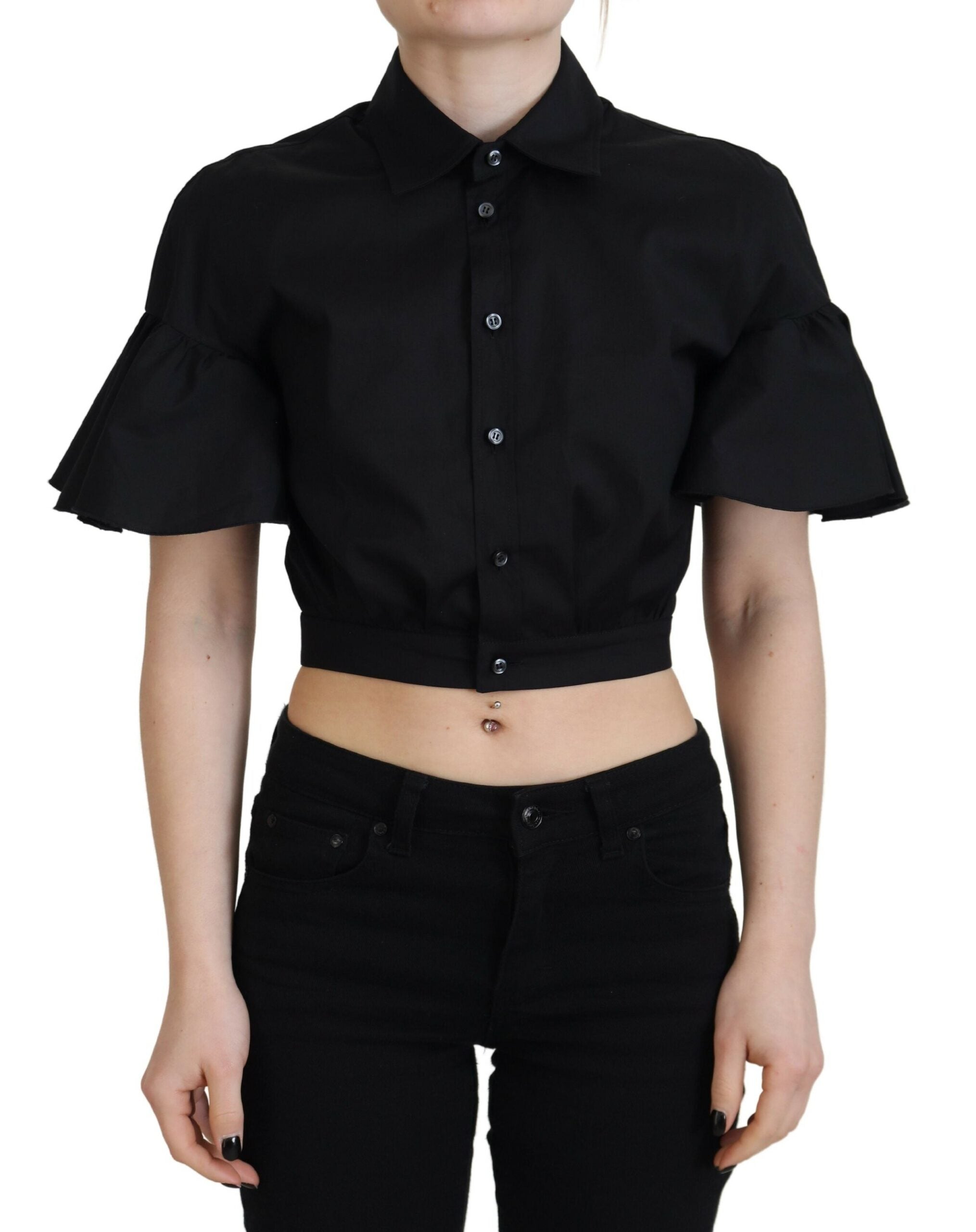 Dsquared² Black Collared Button Down Short Sleeve Cropped Top