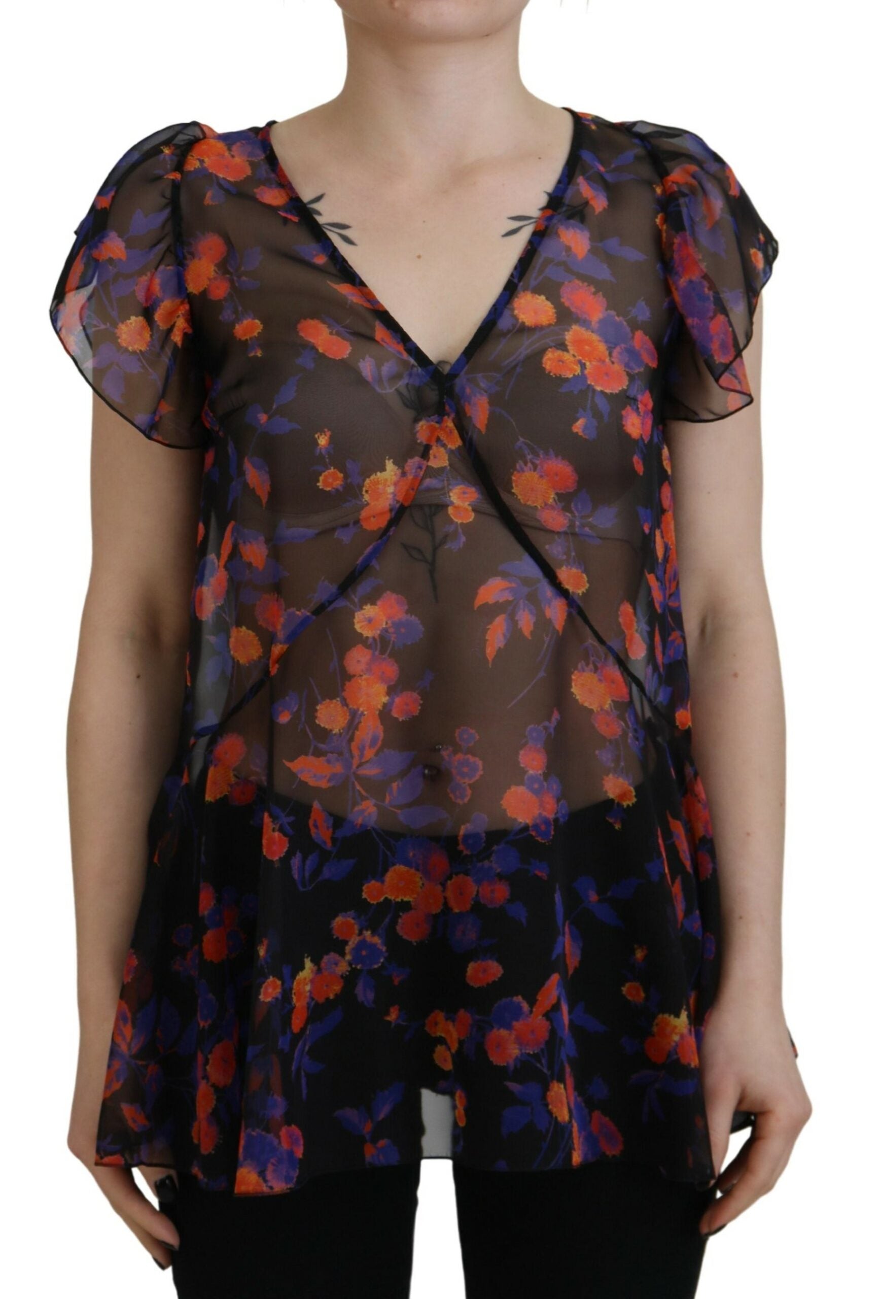 Dsquared² Black Floral Print Short Sleeves V-neck Blouse Top