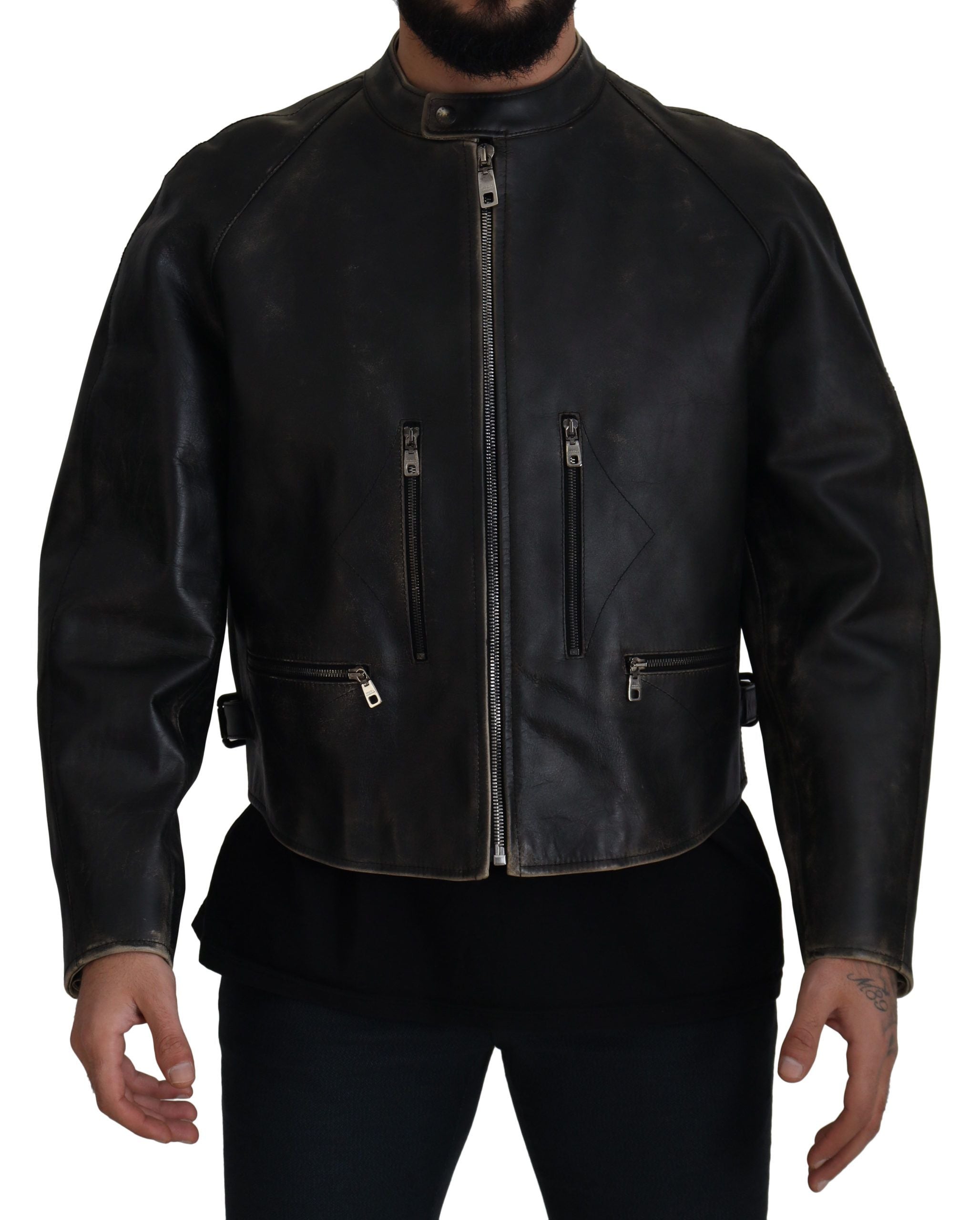 Dolce & Gabbana Elegant Black Leather Jacket with Silver Details