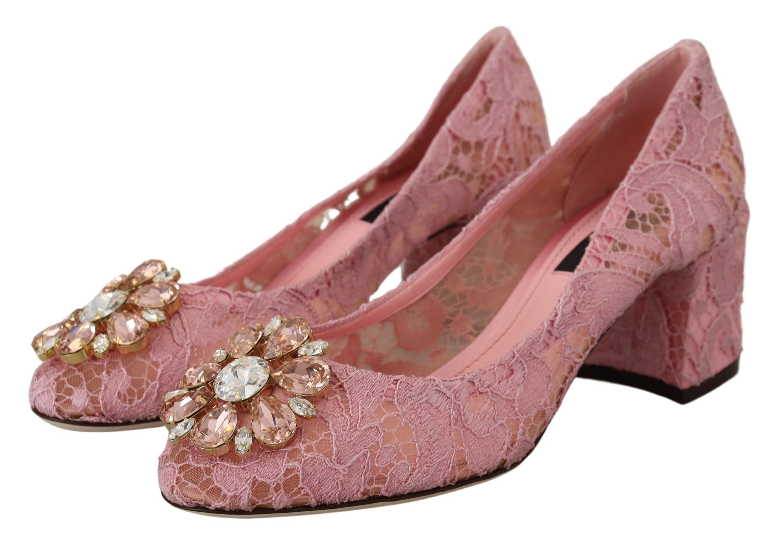 Dolce &amp; Gabbana Pink Taormina Lace Crystal Pumps Пастелни обувки