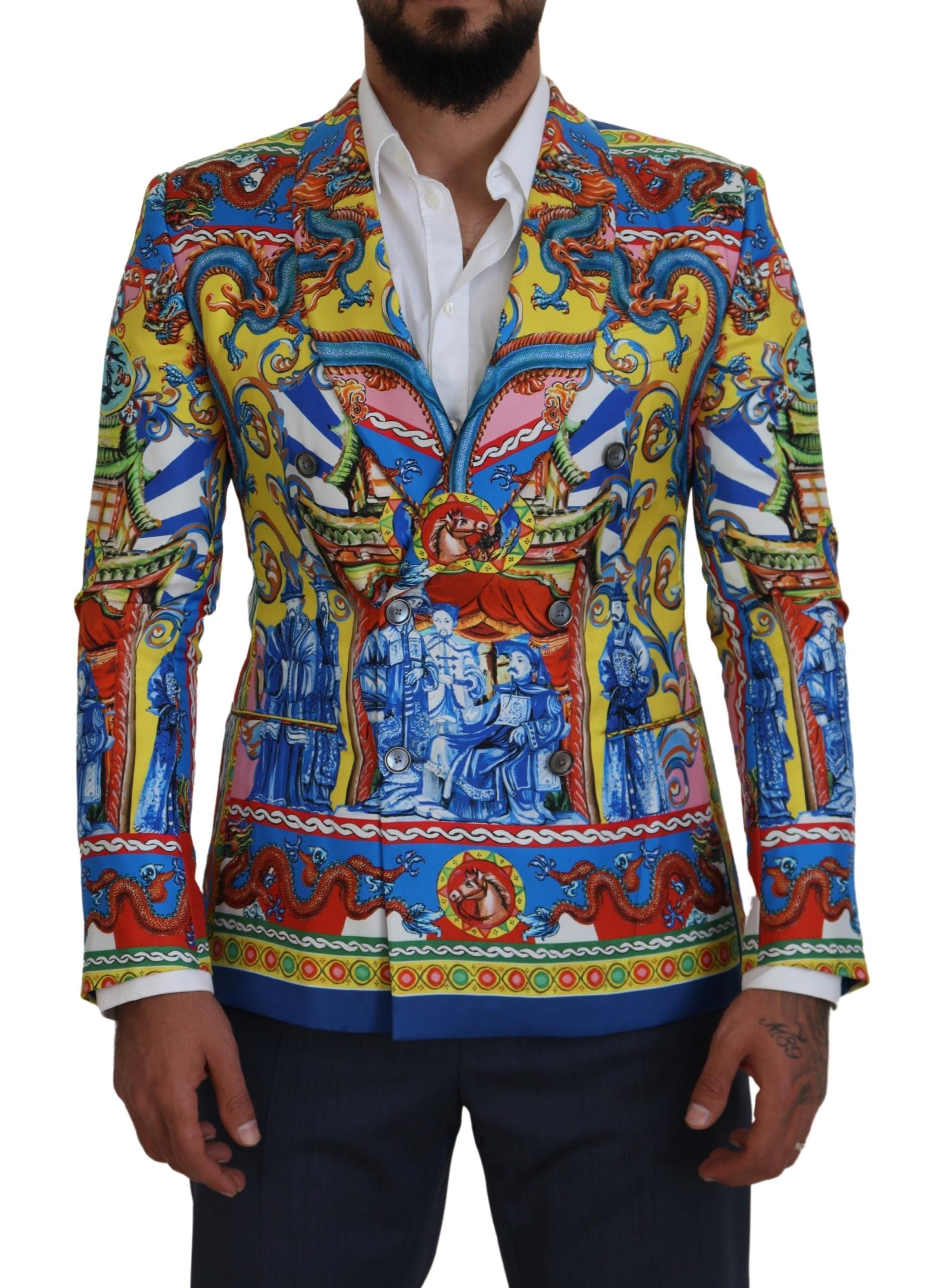 Dolce &amp; Gabbana Multicolor Dragon Print Silk Slim Fit Blazer