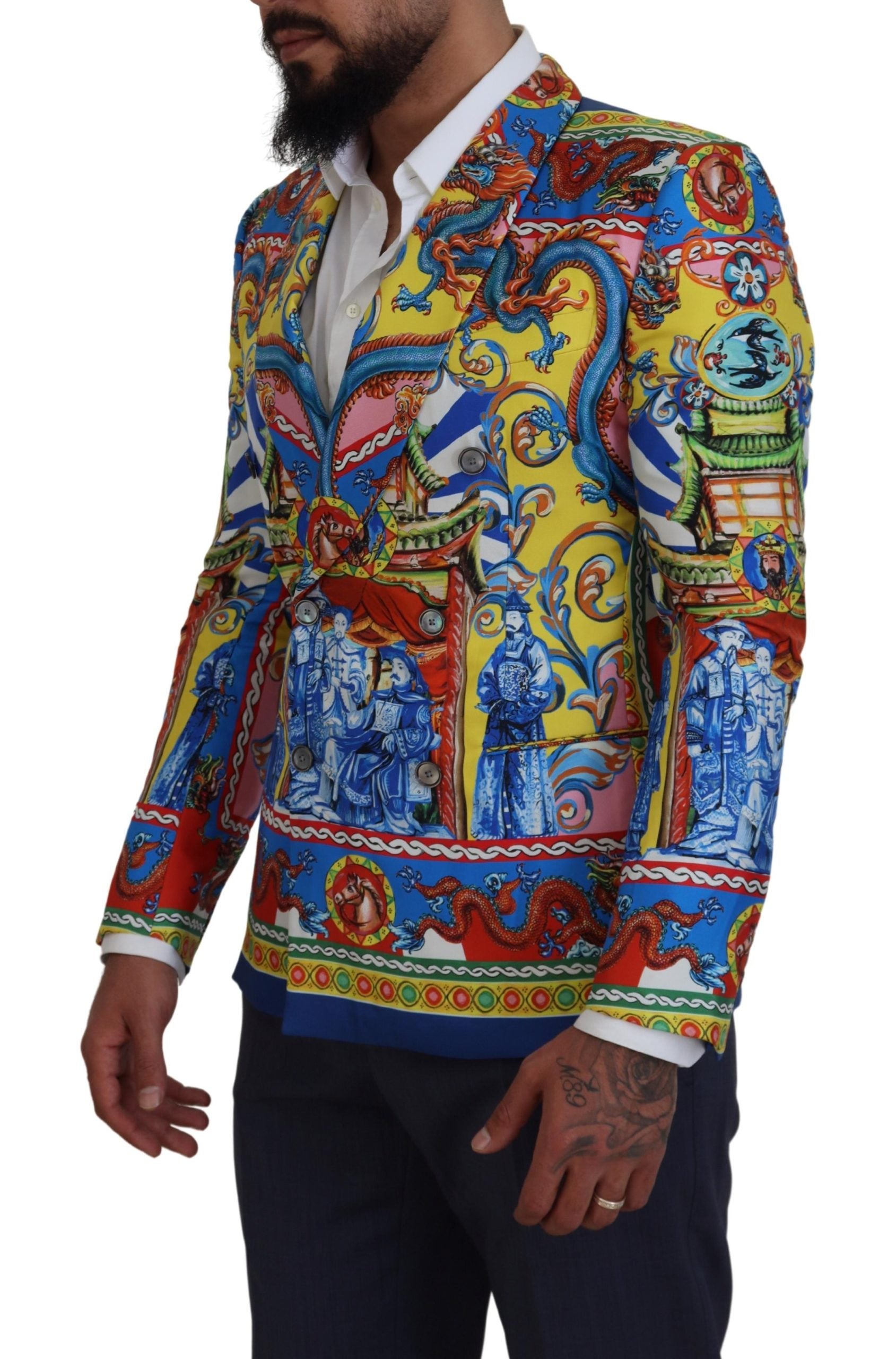 Dolce &amp; Gabbana Multicolor Dragon Print Silk Slim Fit Blazer