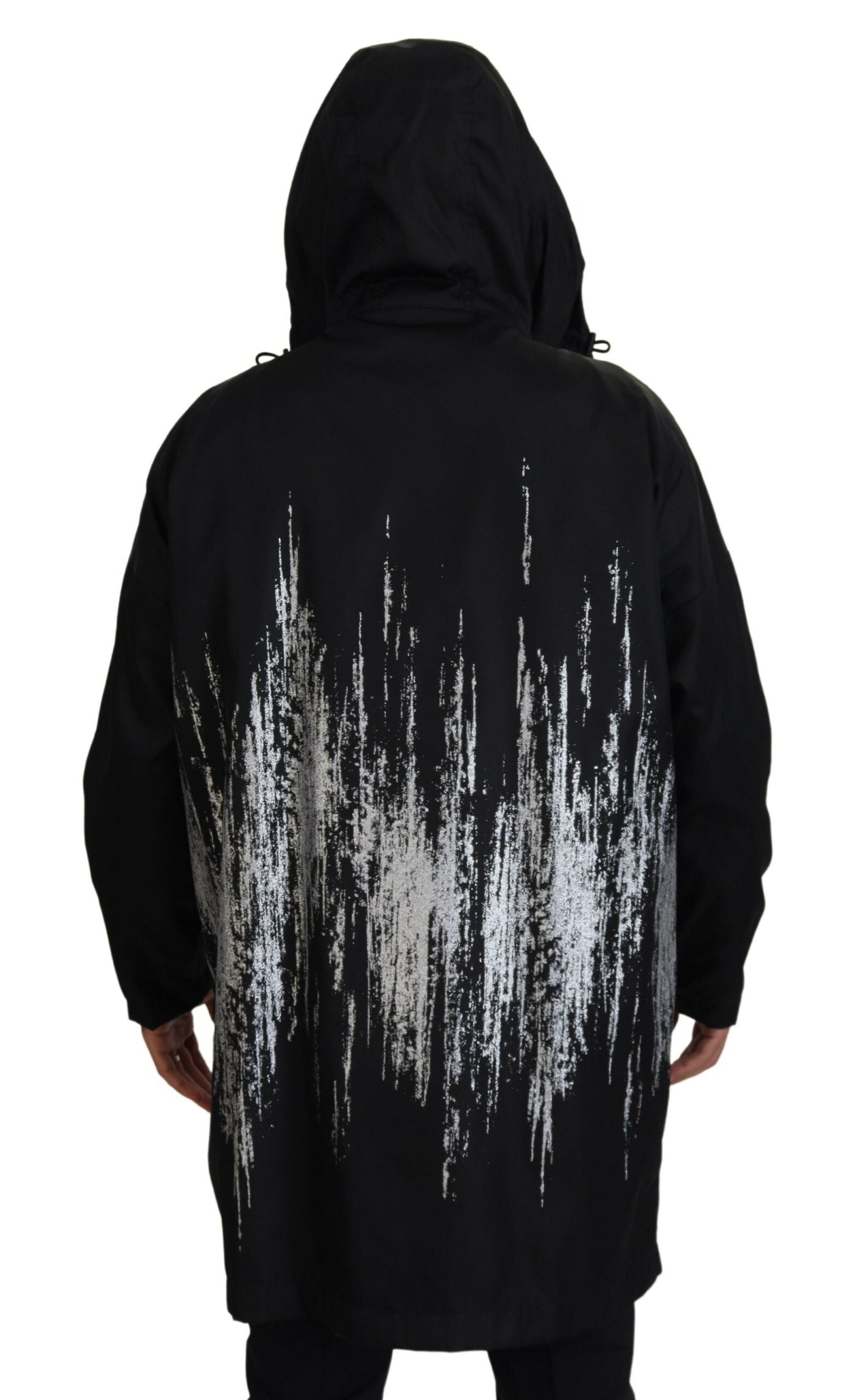 Dsquared² Black White Print Long Hooded Coat Nylon Jacket