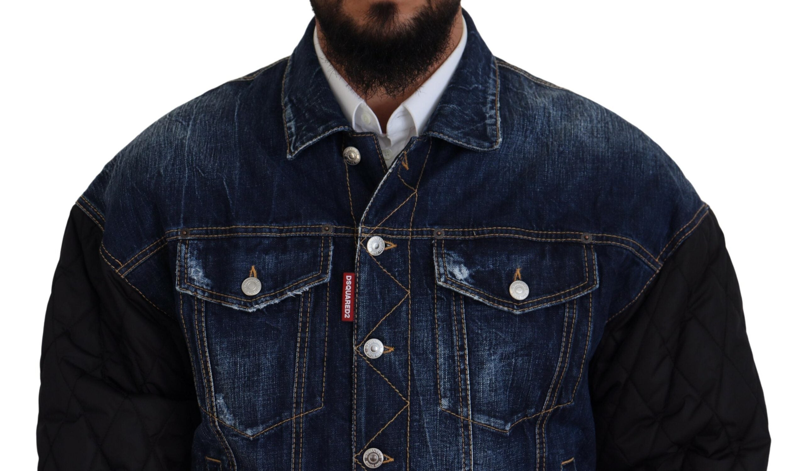 Dsquared² Blue Denim Black Sleeves Men Jacket Cotton Bomber