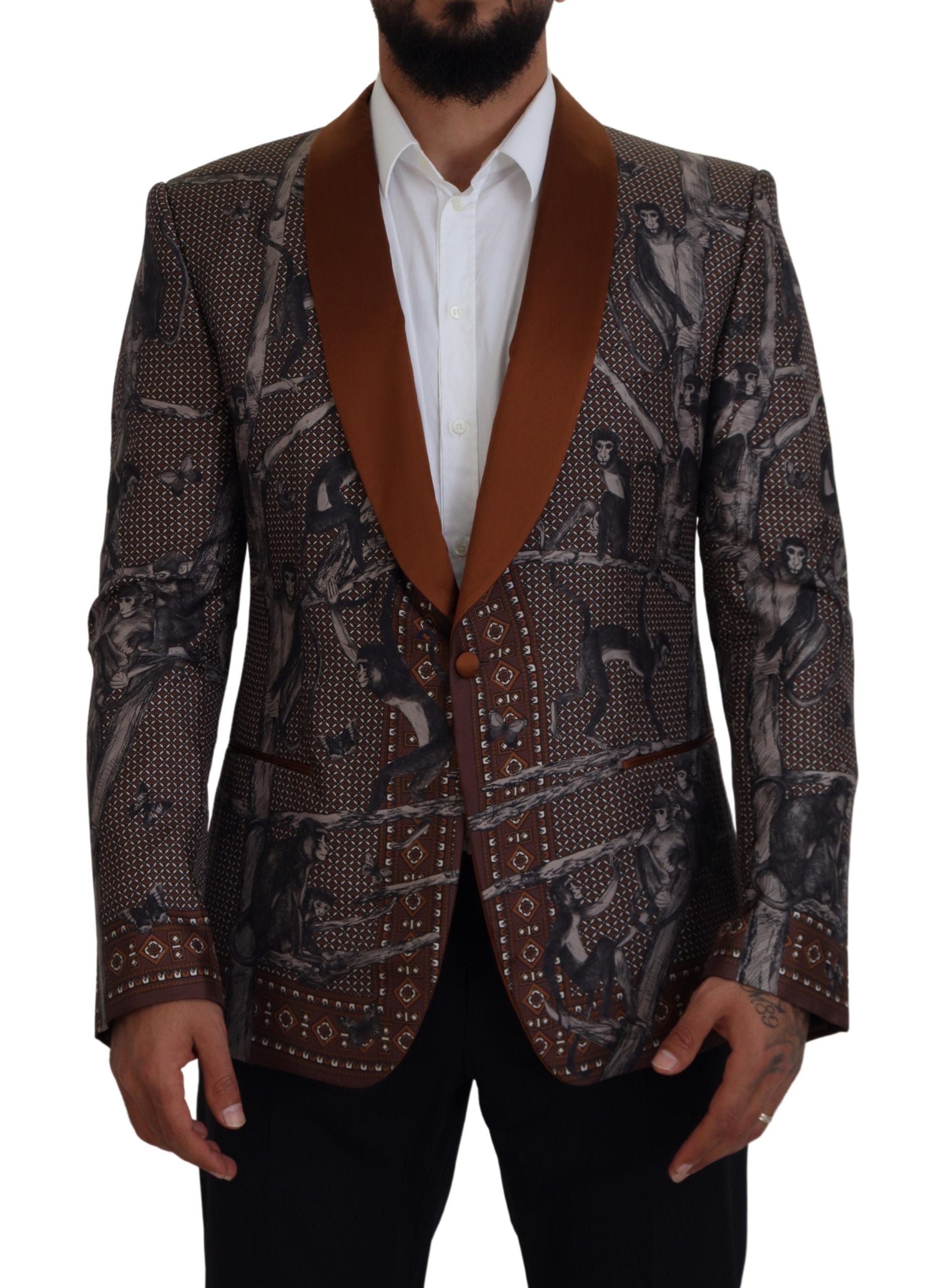 Dolce &amp; Gabbana Bronze Monkey Print Silk Slim Jacket Blazer