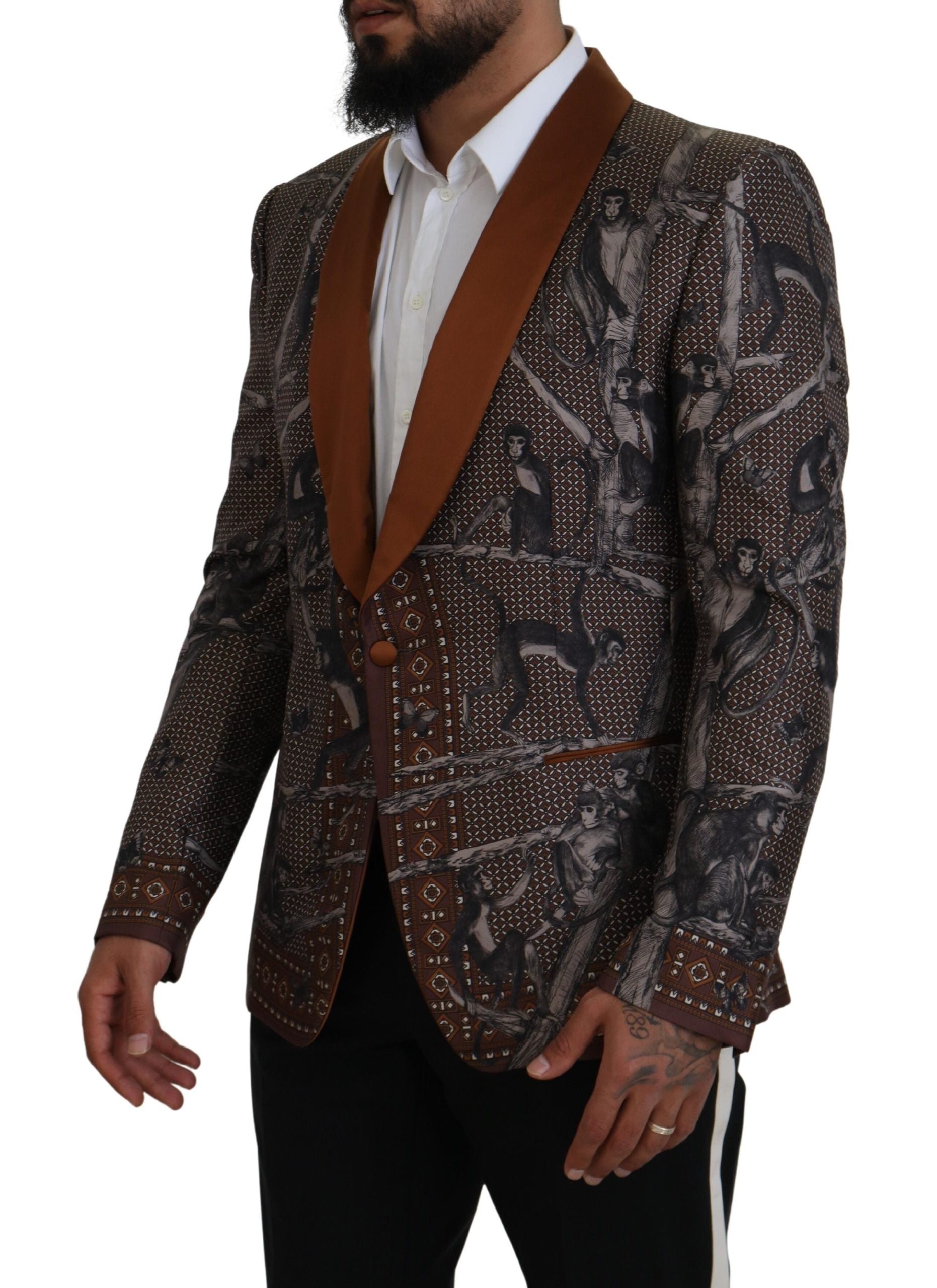 Dolce &amp; Gabbana Bronze Monkey Print Silk Slim Jacket Blazer