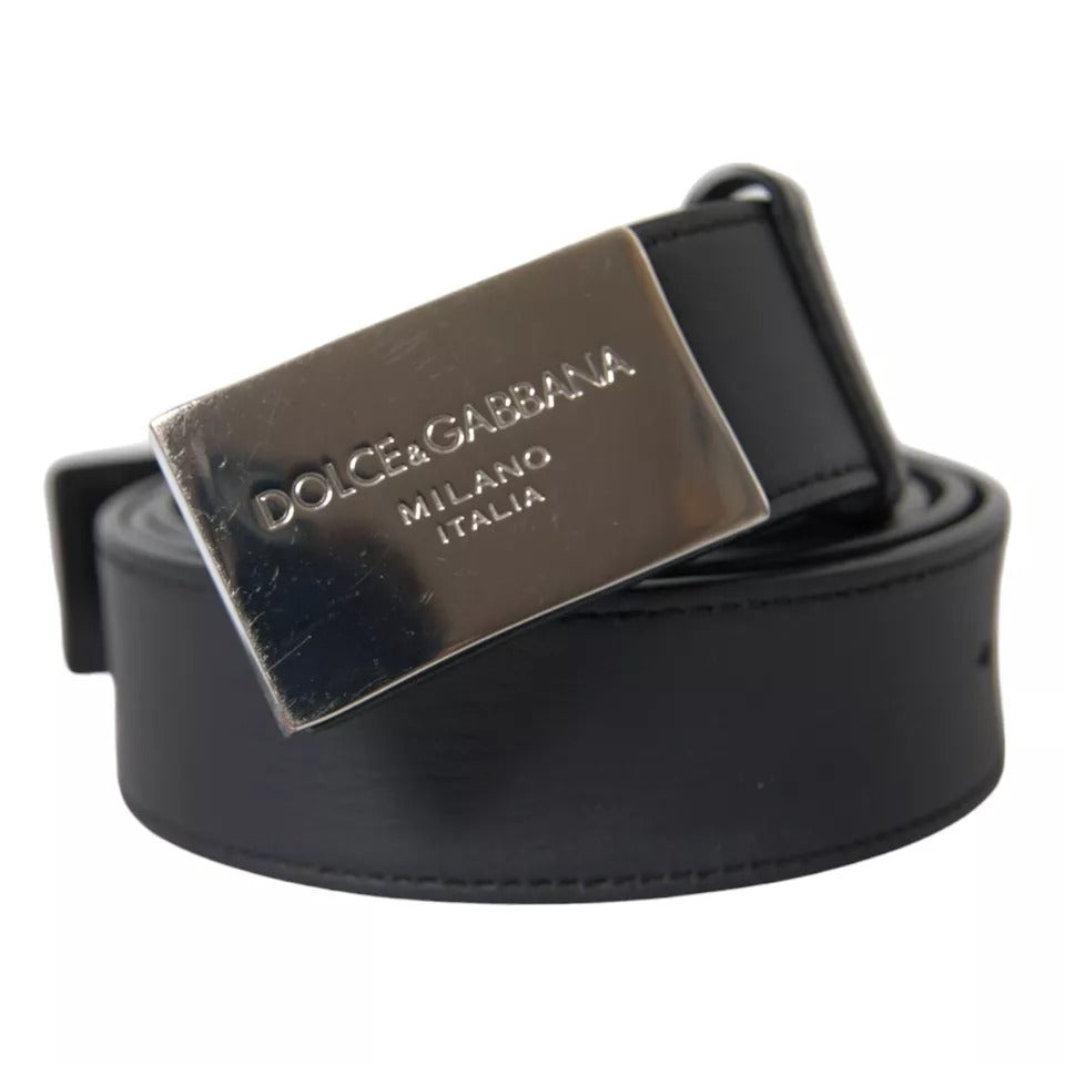 Dolce & Gabbana Black Leather Silver Rectangle Buckle Belt