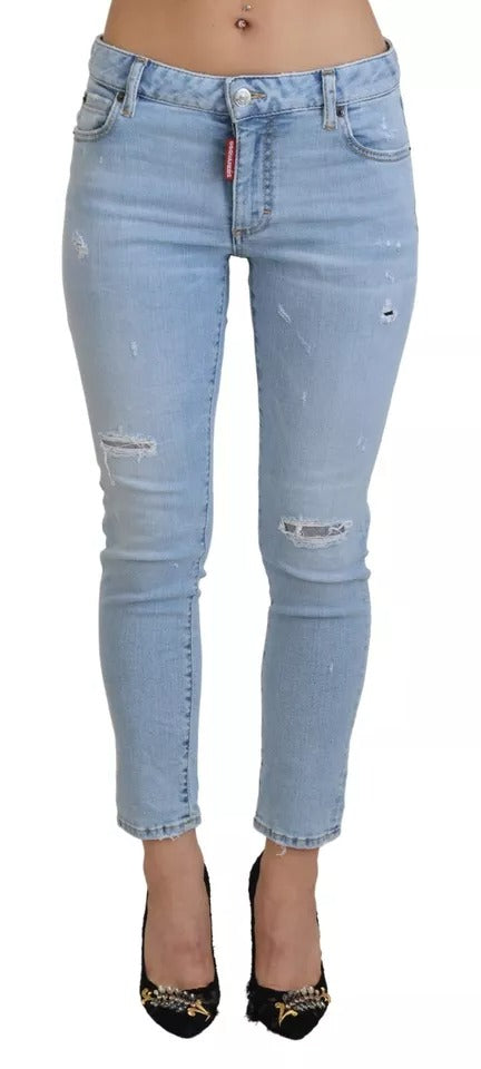 Dsquared² Blue Tattered Mid Waist Cropped Twiggy Denim Jeans