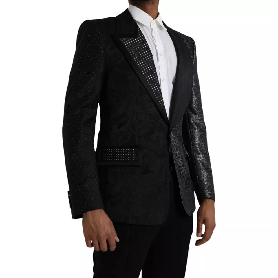 Dolce & Gabbana Black Silver Silk Single Breasted Coat Blazer