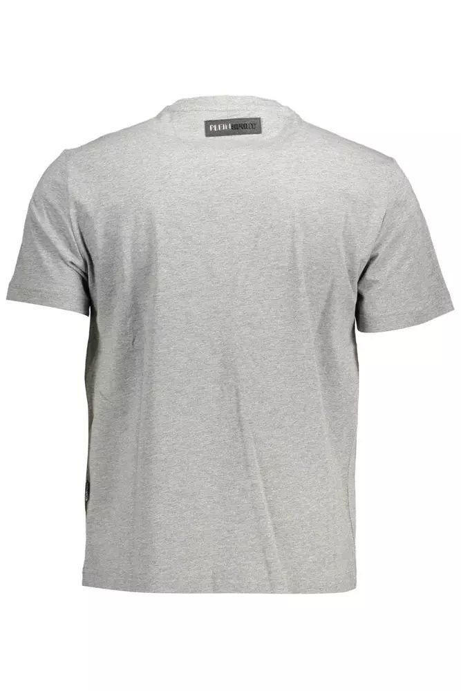 Plein Sport Sleek Gray Cotton Tee with Bold Details