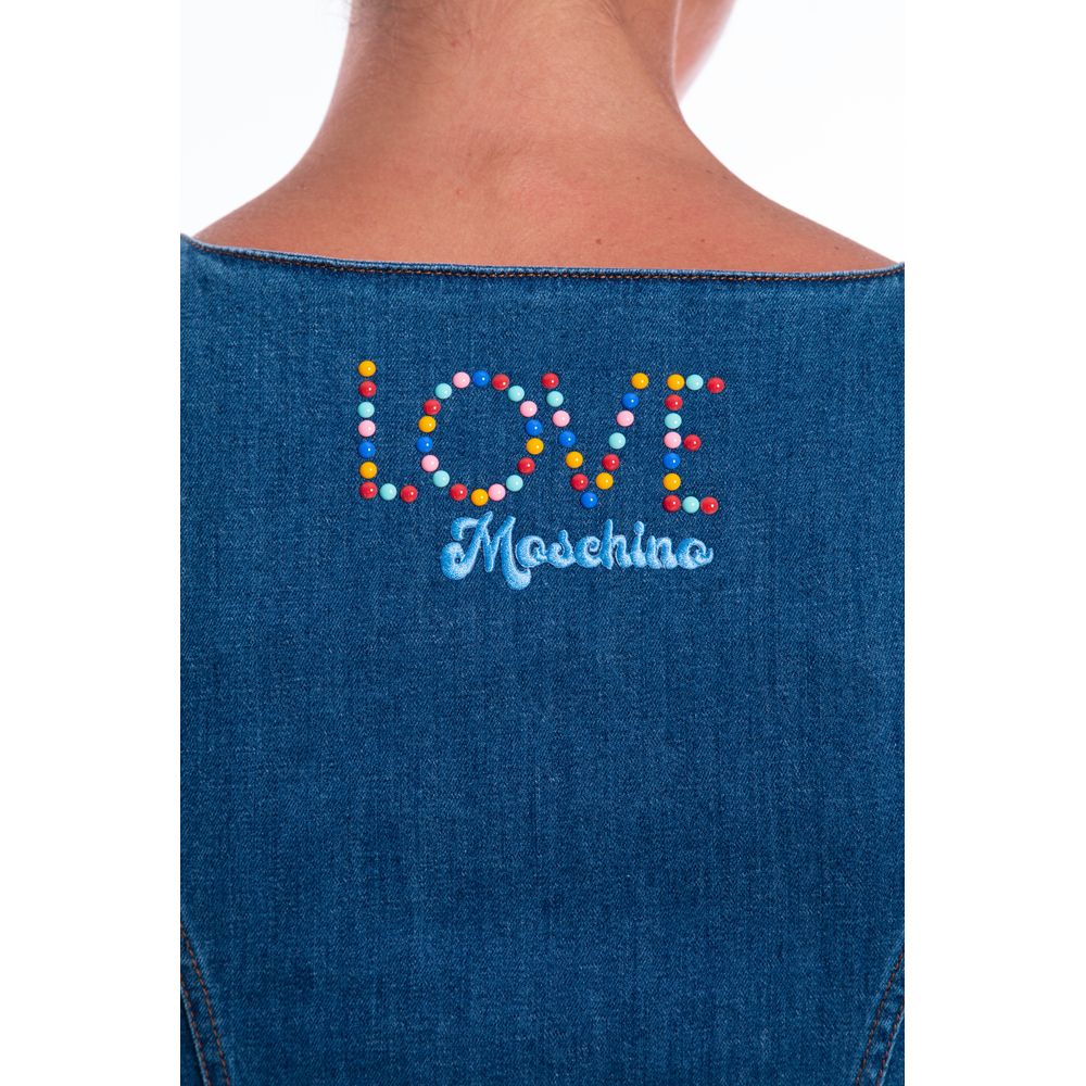 Love Moschino Chic Sleeveless Denim Dress with Beaded Logo