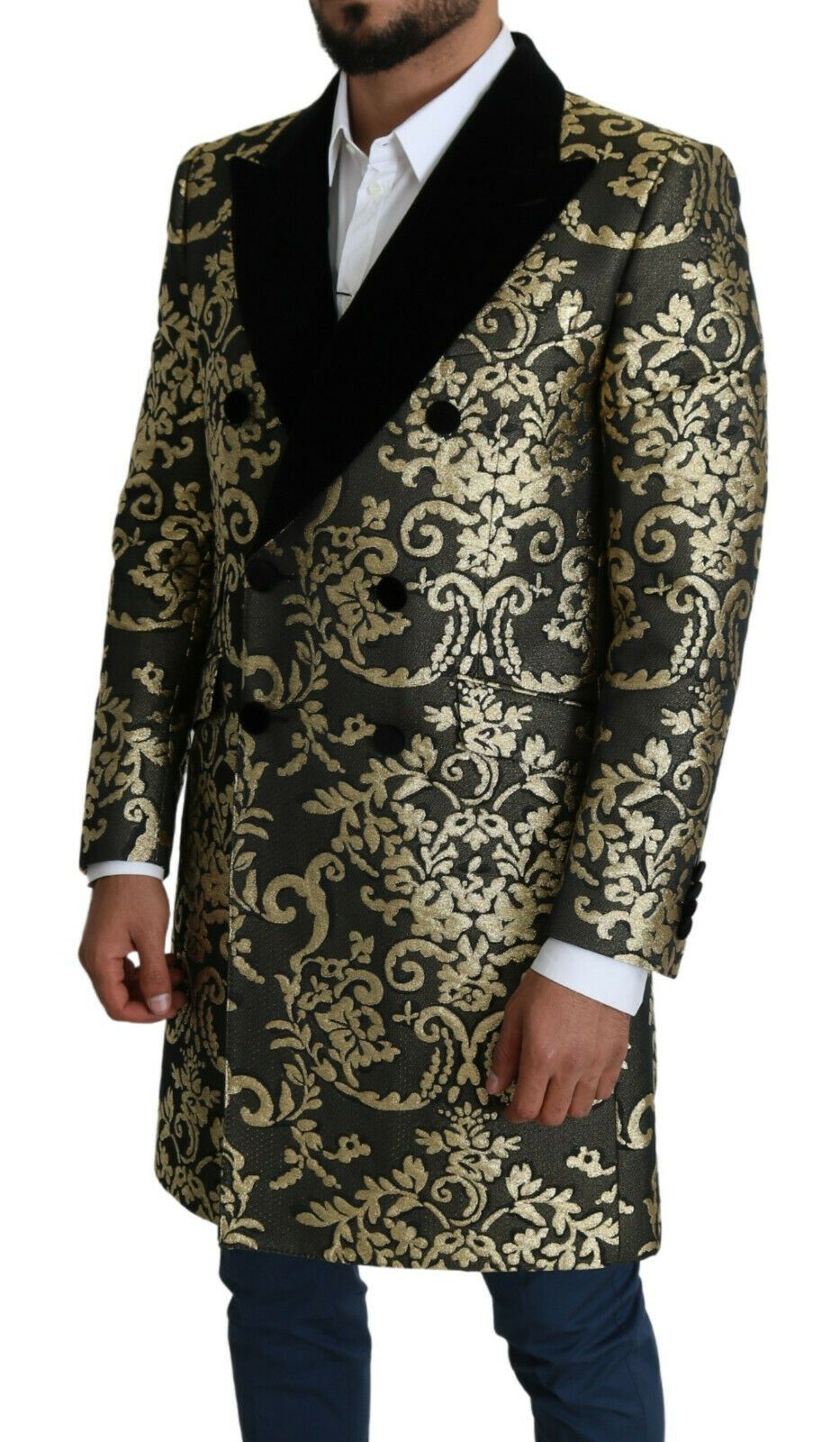Дълго палто Dolce &amp; Gabbana с черно злато и жакард SICILIA