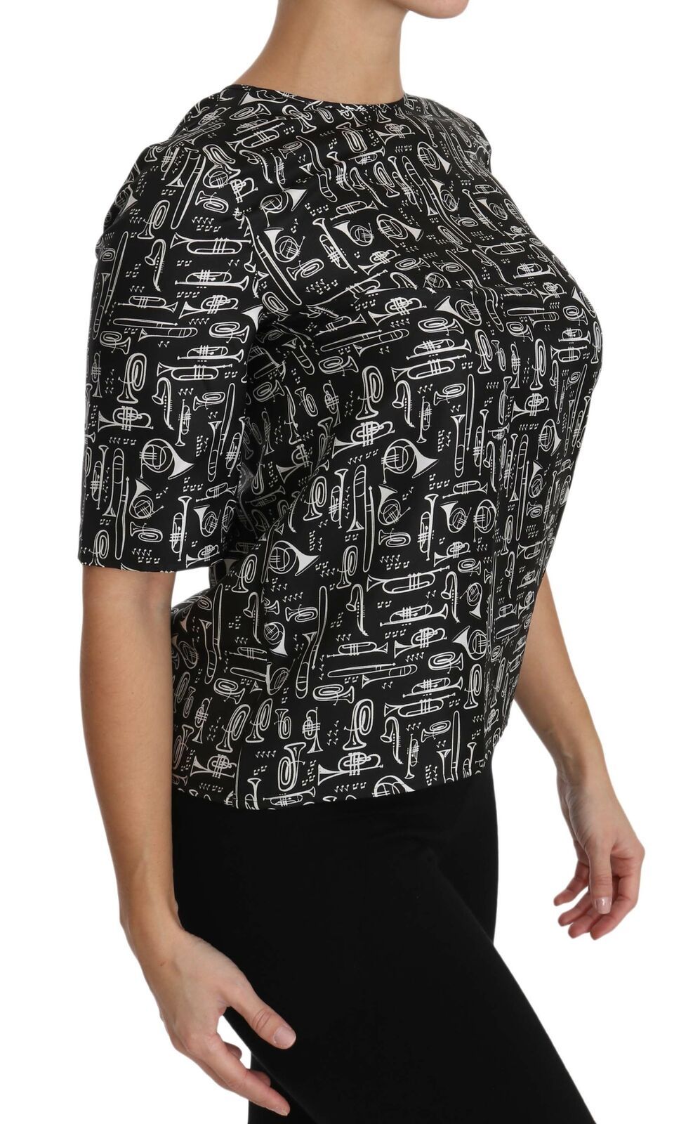 Копринена блуза с принт на черни музикални инструменти Dolce &amp; Gabbana